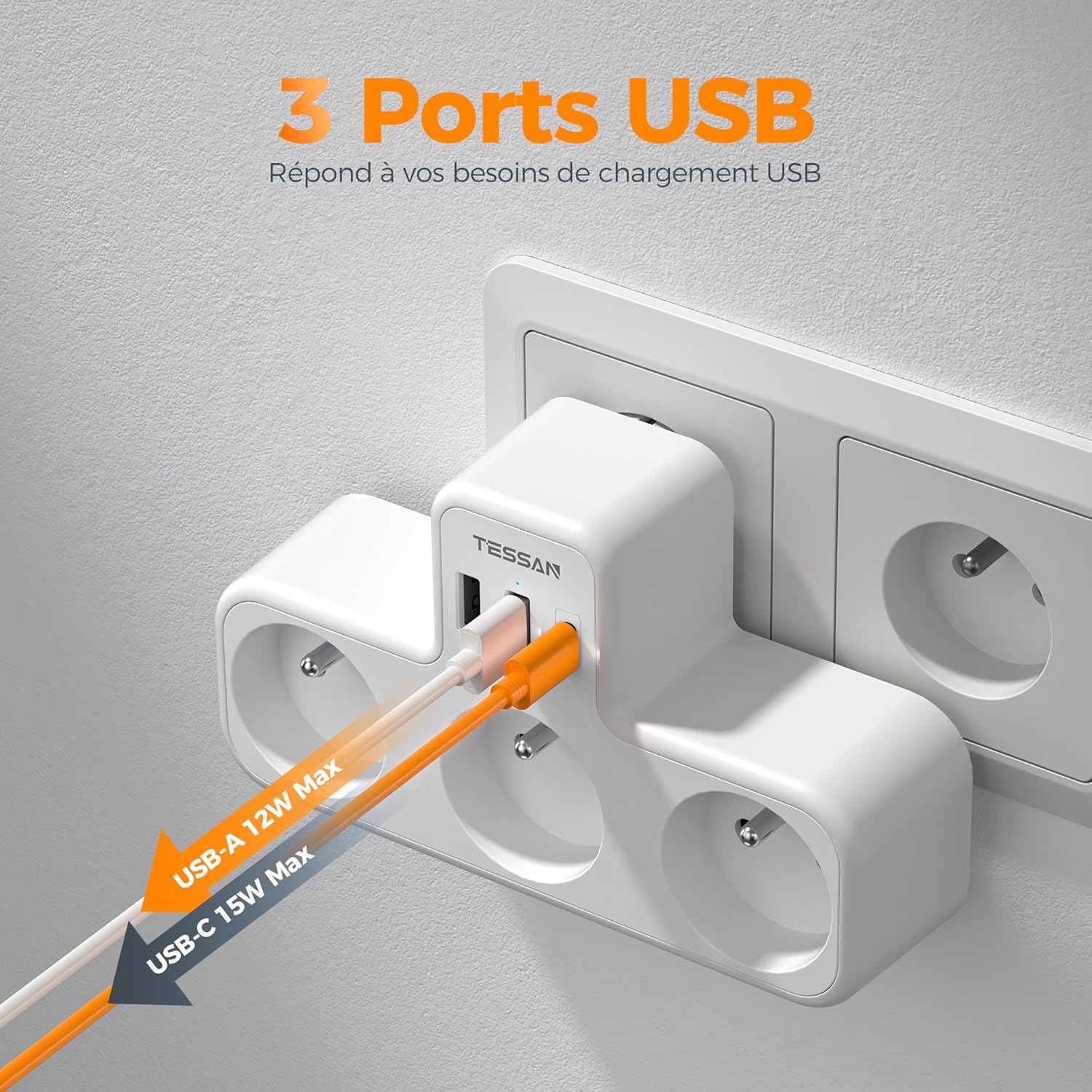 Detalle de TESSAN 6 en 1 Multiprise Murale USB-C, 3 Prises AC et 3 Ports USB – 3600W, design en T