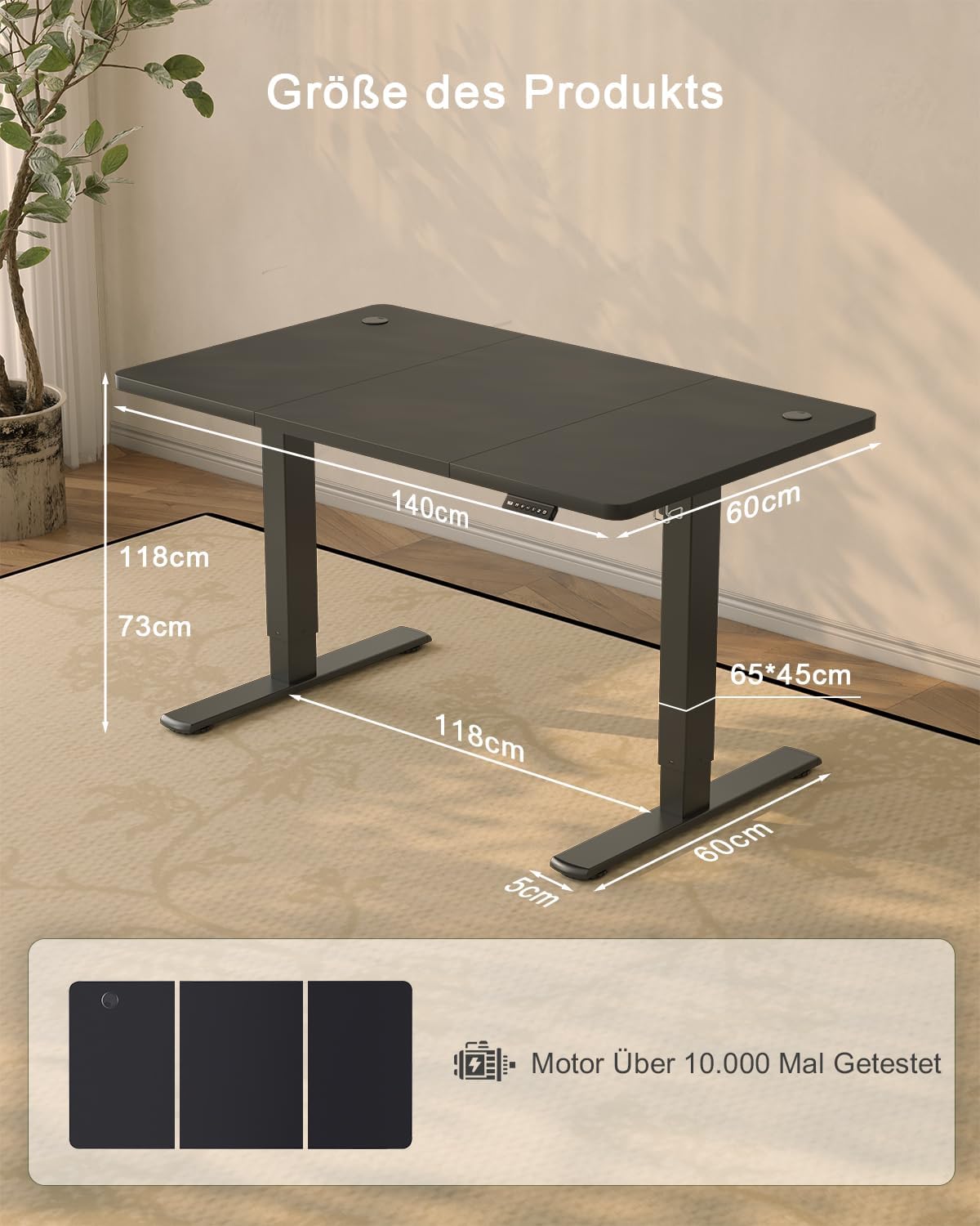 Detalle de JUMMICO elektrisch höhenverstellbarer Schreibtisch mit USB-Ladeanschluss, 140 x 60 cm (schwarz)