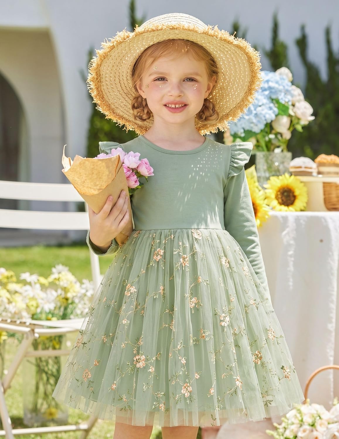 Detalle 2 de Arshiner Toddler Girls’ Long-Sleeve Tulle Dress, Ruffle Sleeves, Sequin Hem, 2–6Y