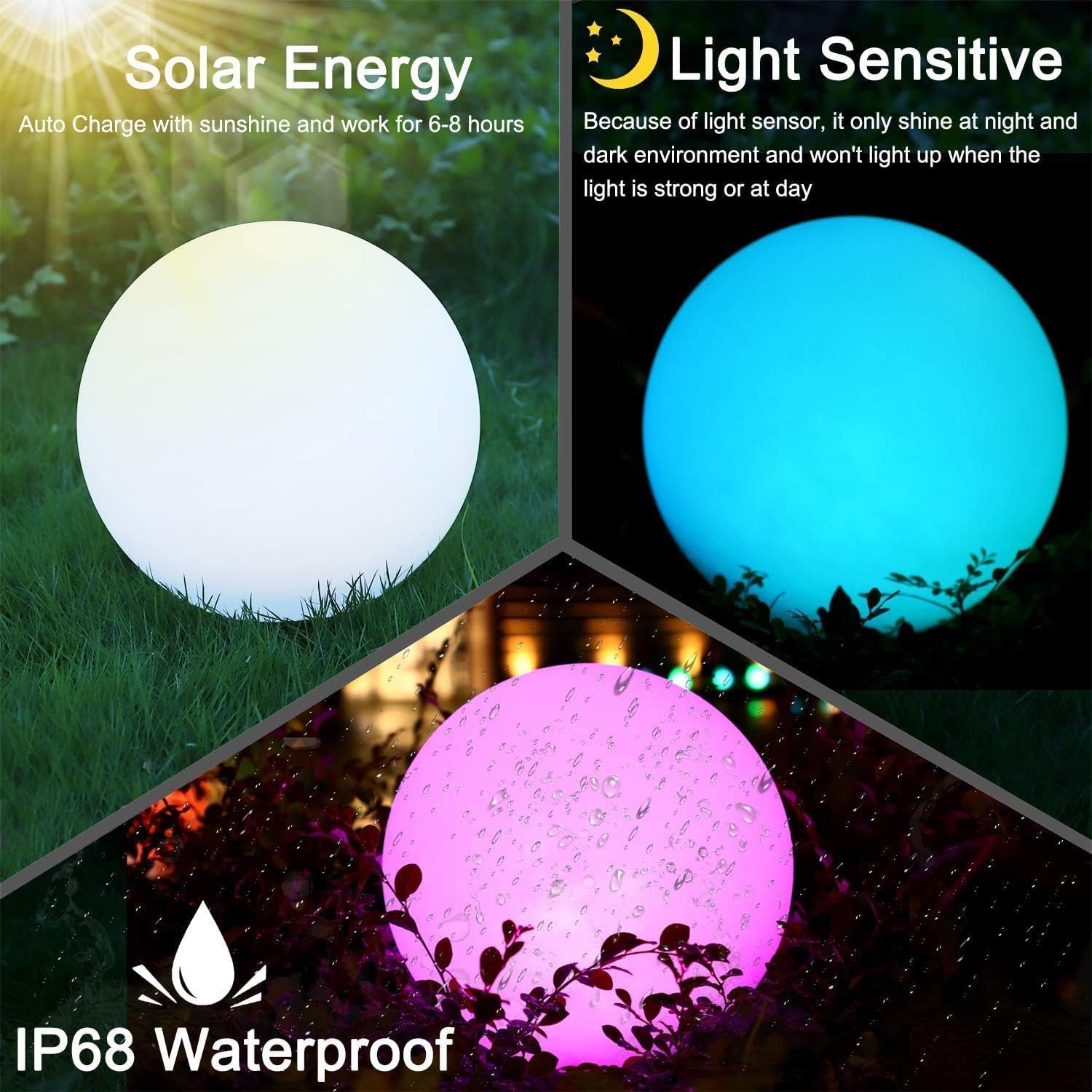 Detalle de 2er-Set: 30 cm RGB Solar-Kugelleuchten mit Fernbedienung, IP66 Außenbeleuchtung für Garten, Teich und Terrasse