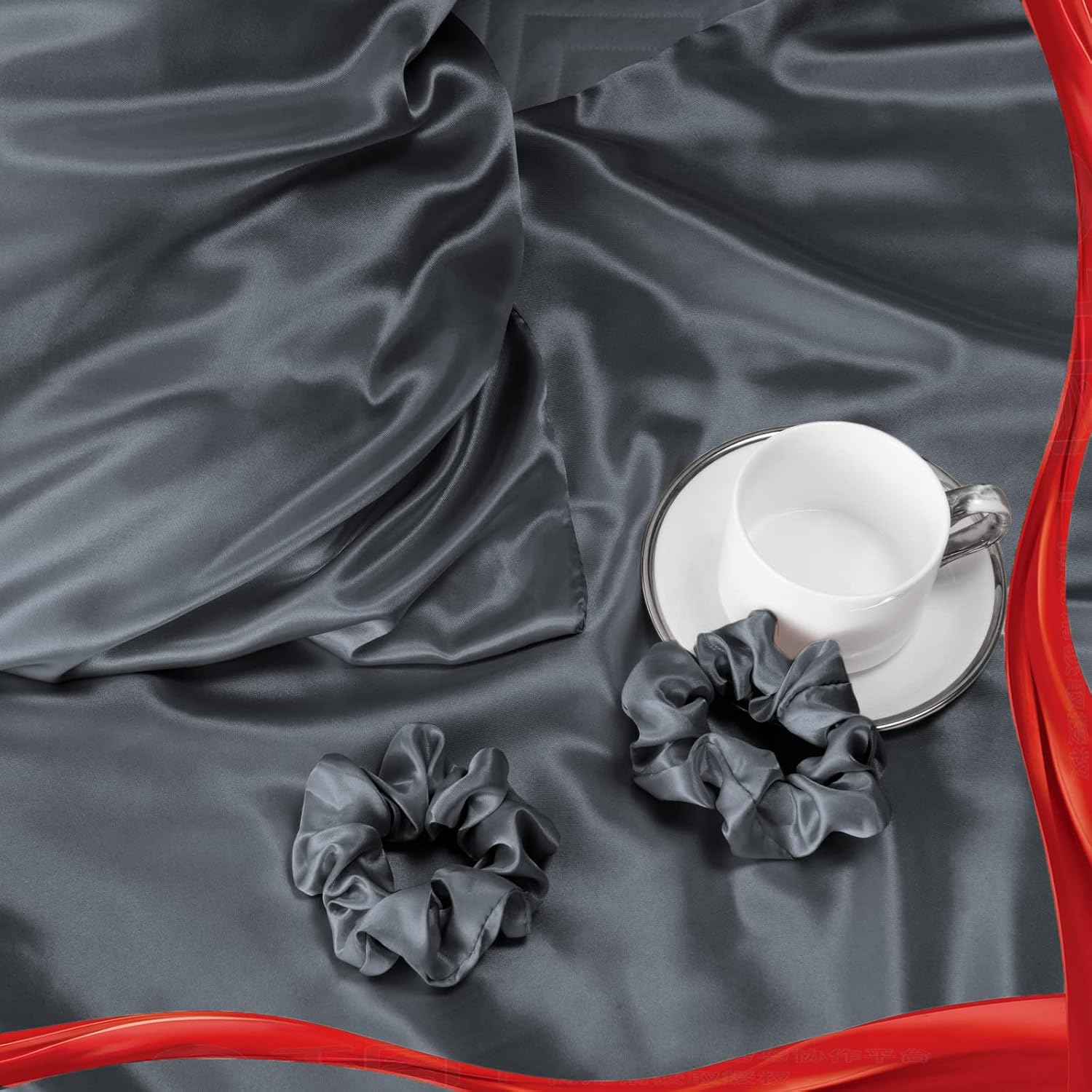 Thumbnail 5 de Vielit 2er-Set Satin-Kissenbezüge 40 x 80 cm Dunkelgrau – weich wie Seide, mit Haarbändern