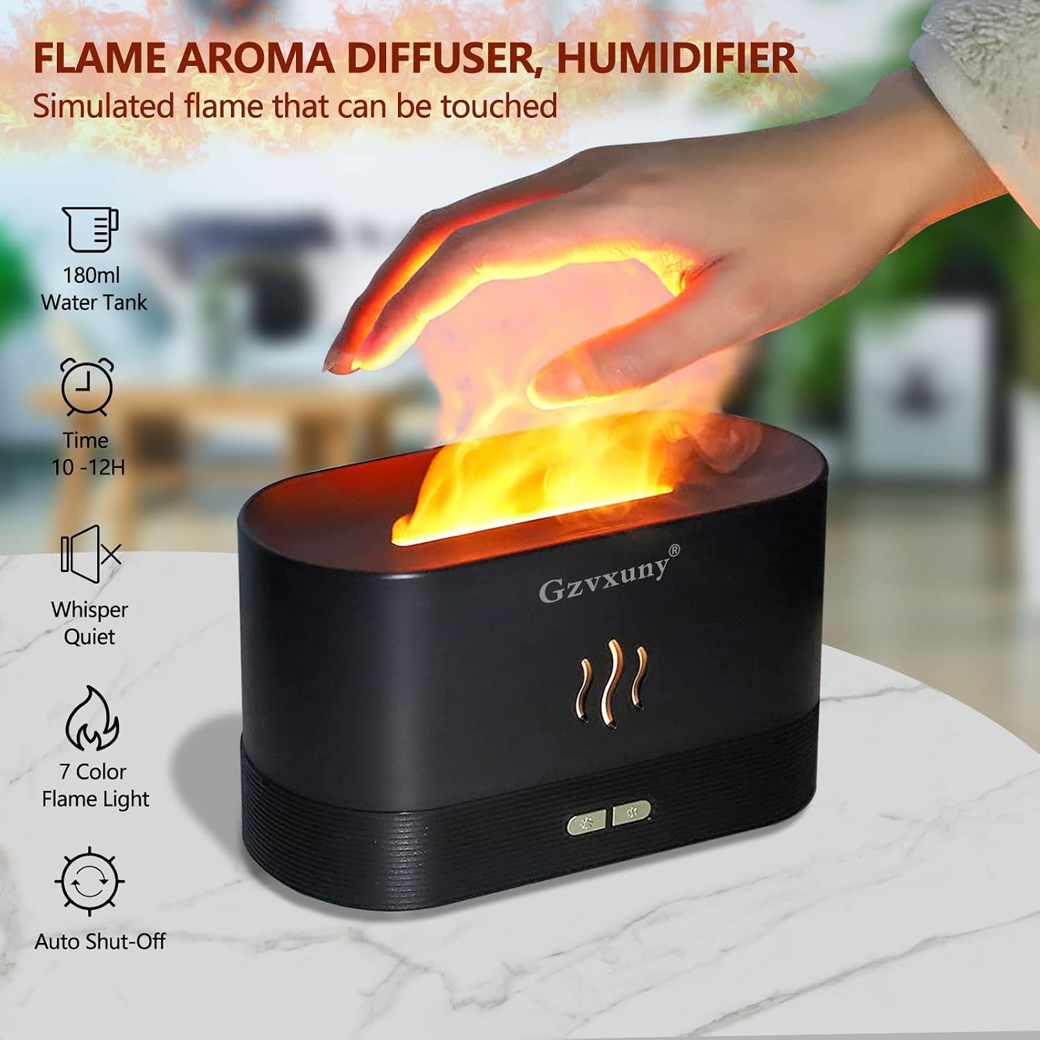 Detalle de Gzvxuny DQ702 aromadiffuser met vlameffect, 180 ml en 7 ledkleuren