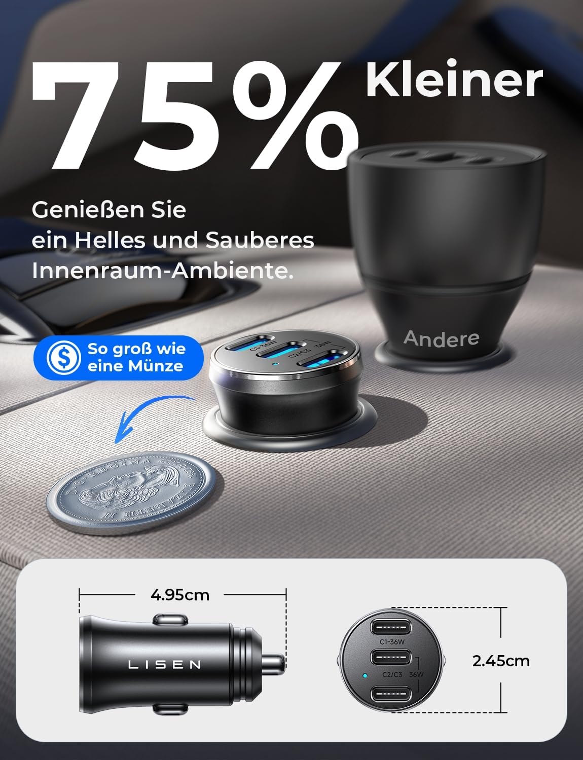 Detalle de LISEN 108W Zigarettenanzünder USB C – 3-Port PD PPS Schnellladegerät für Auto