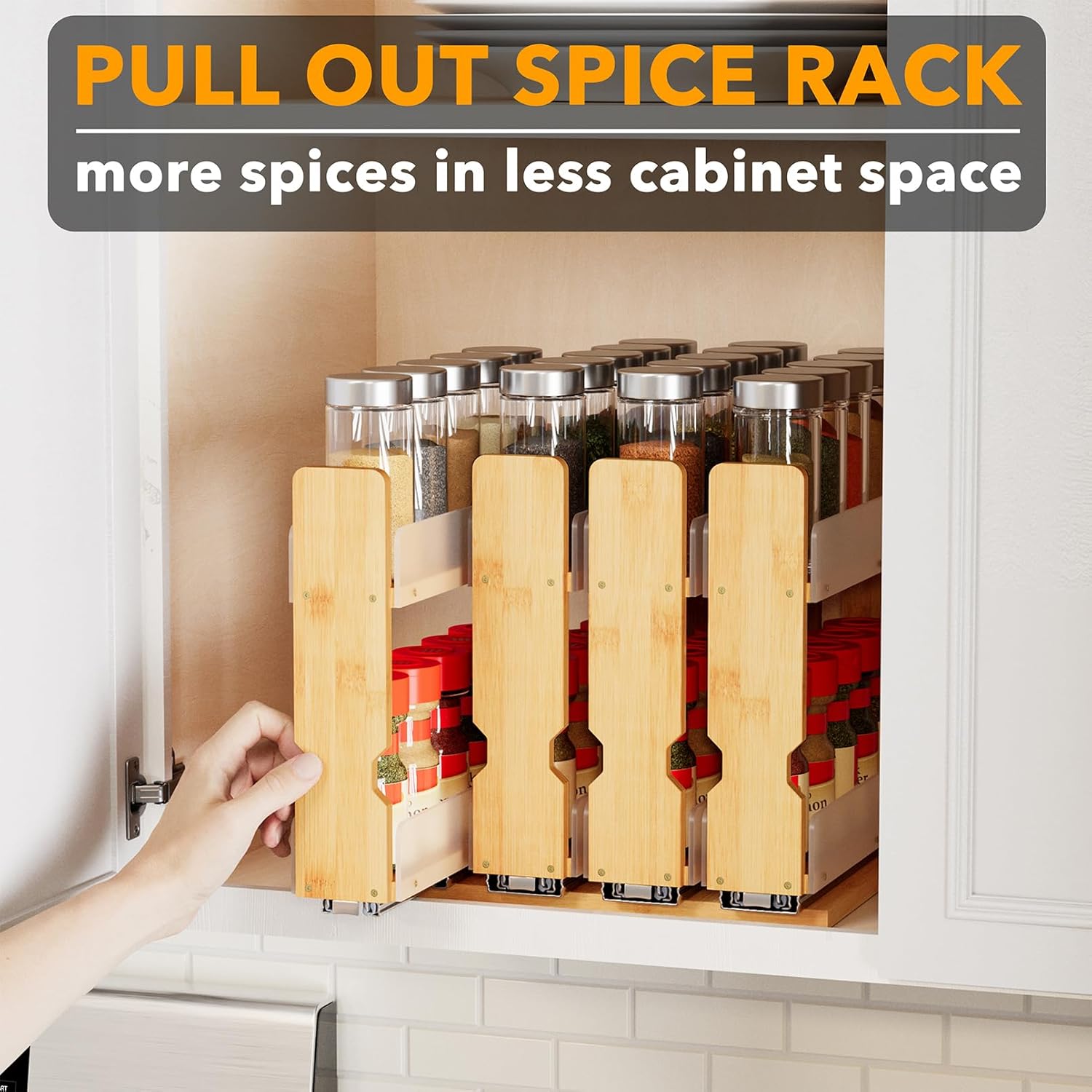 Detalle de SpaceAid Bamboo Pull Out Spice Rack Organizer (4 Drawers, 2-Tier) — 10.1" Wide