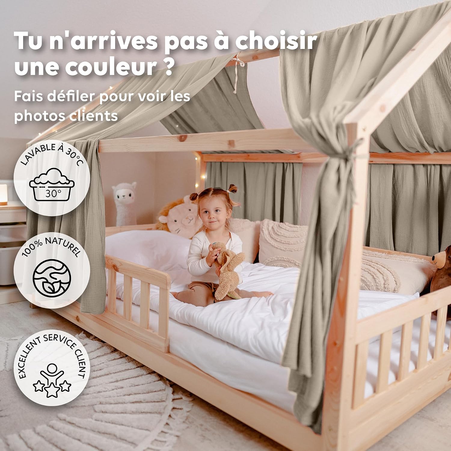 Detalle 1 de lilimaus BH-HB-135x320-HELLBEIGE bedhemel, set van 2 in lichtbeige katoen