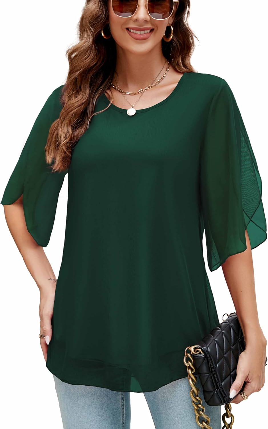 Thumbnail 6 de Actcat Women's Ruffle Blouse 3/4 Sleeve – Flowing Mesh Tunic Top