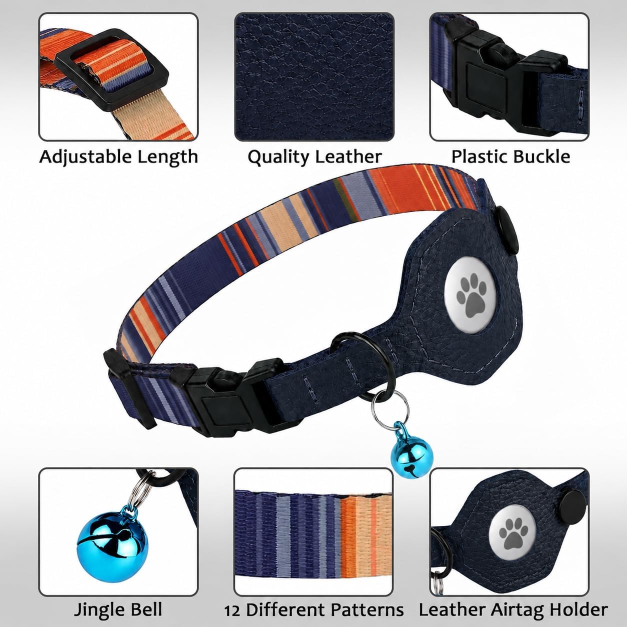Detalle 2 de Cat Collar with Leather AirTag Holder