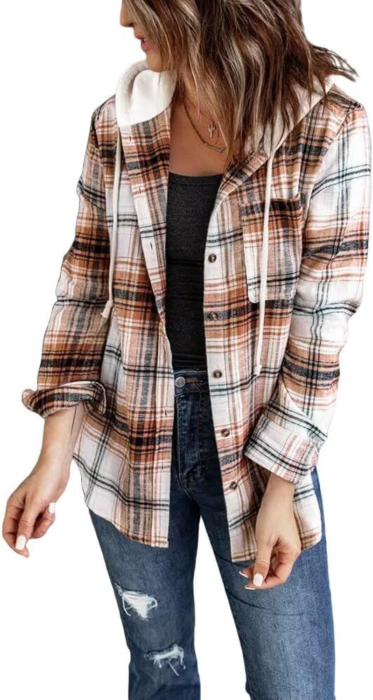 Detalle de LACOZY Women's Flannel Checked Shirt Hoodie – Loose Fit, Button-Down Buffalo Plaid Sweatshirt
