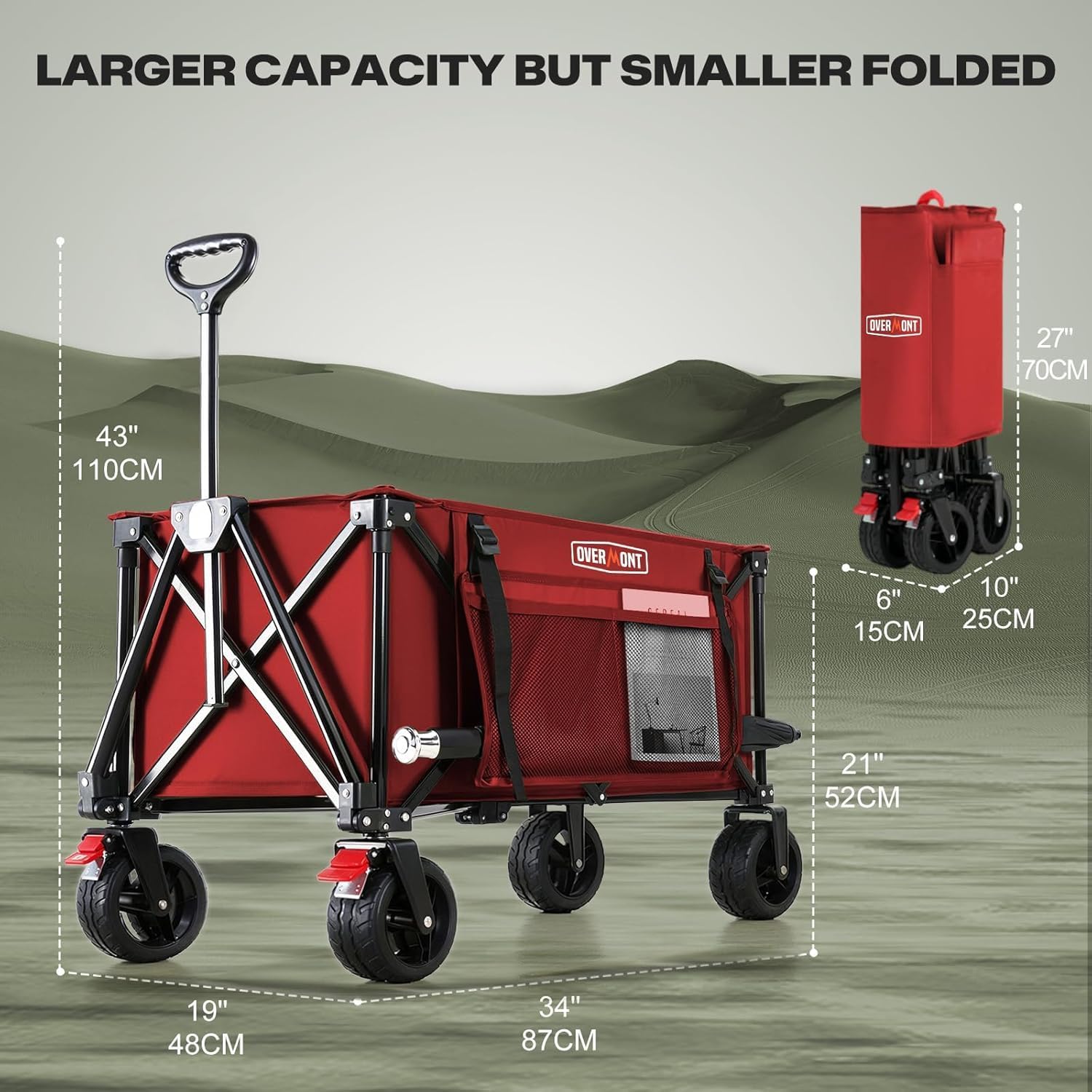 Detalle de Overmont 150kg Festival Camping Trolley on Wheels – Heavy Duty Folding Beach Wagon Cart with Extra Wide Wheels