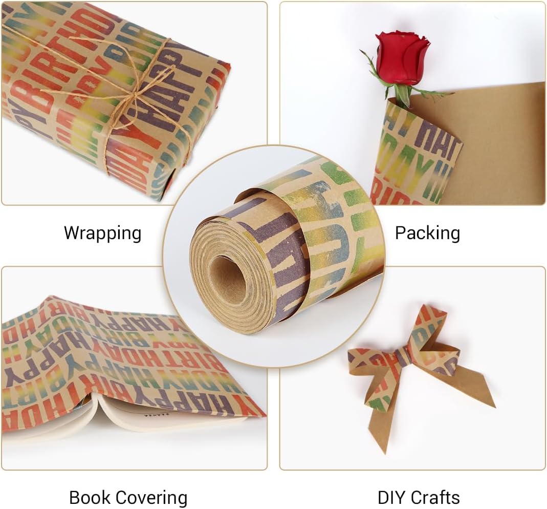 Thumbnail 5 de HBell Happy Birthday wrapping paper roll (15m) with kraft design, recyclable gift wrap