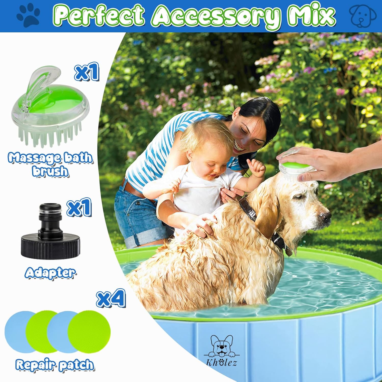 Thumbnail 3 de Dog Paddling Pool, Upgraded 120 x 30 cm Foldable Pet Swimming Pool with Bath Brush and Hose Adapter