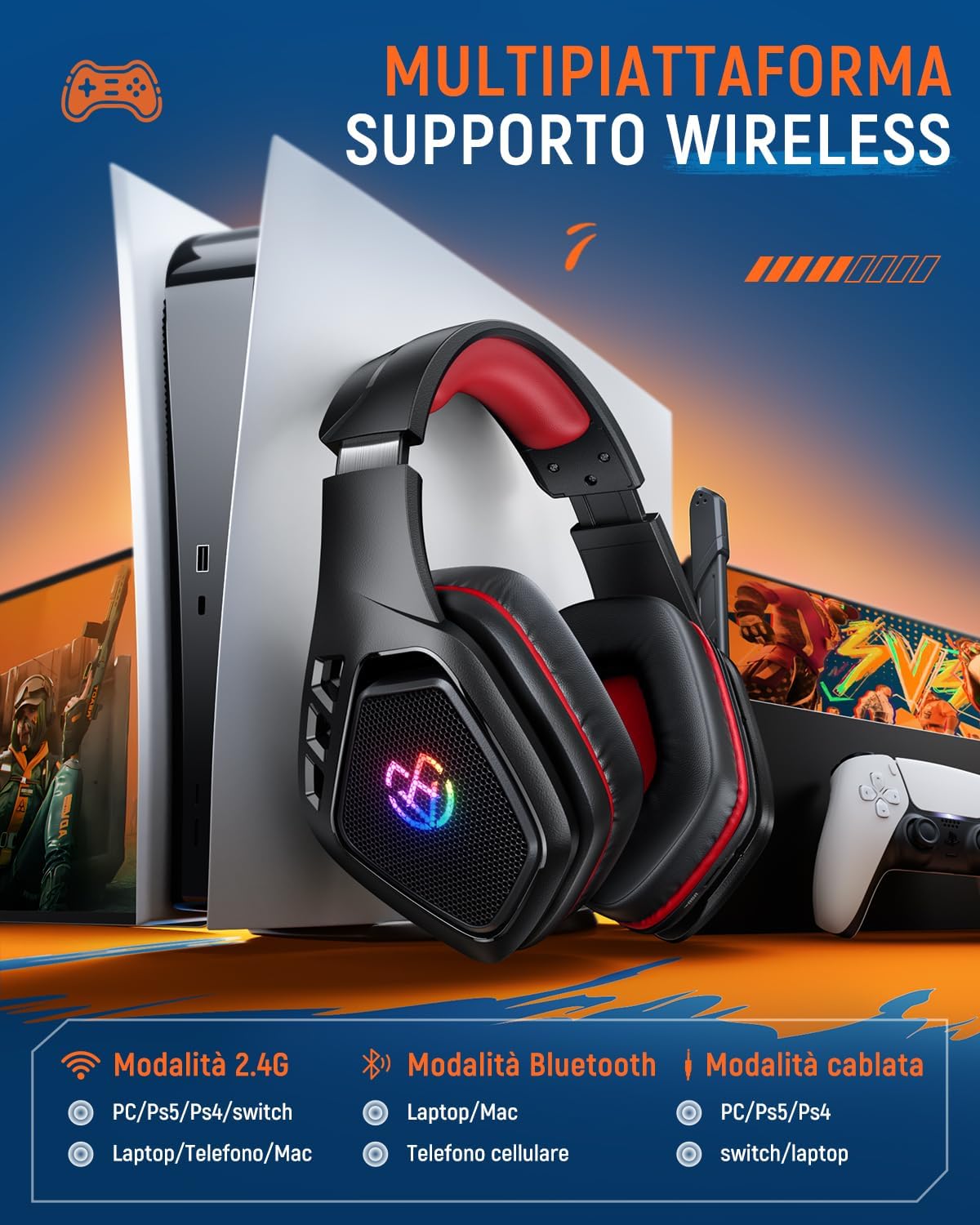 Thumbnail 6 de Tatybo Cuffie Gaming Wireless WT5: 2.4 GHz, USB-A/USB-C, 40h, Mic ENC, PS4/PS5/Switch