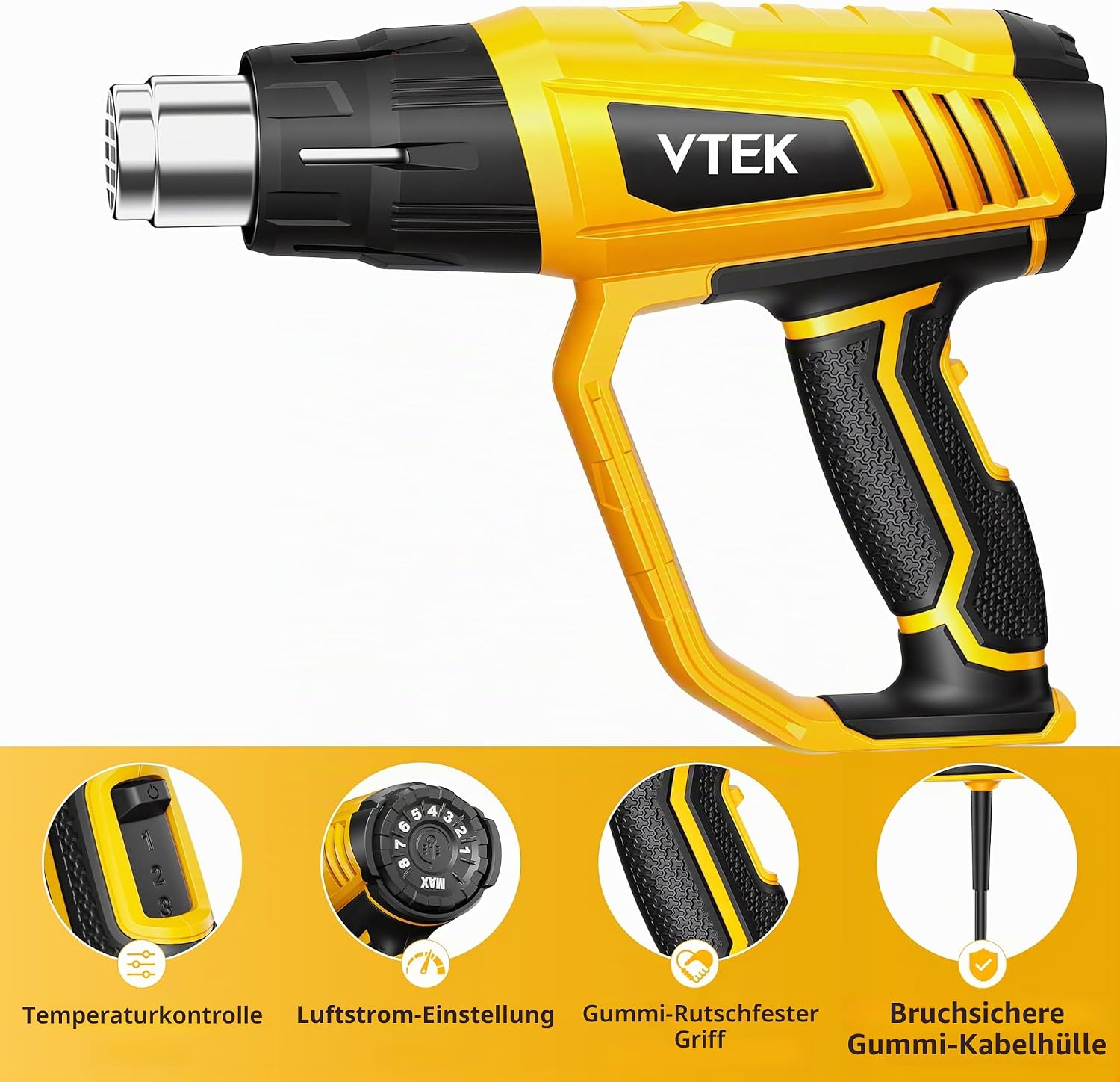 Detalle de VTEK Heissluftpistole 1800W: Vielseitige Heißluftföhn mit 60–650°C und 3 Luftströmungsstufen