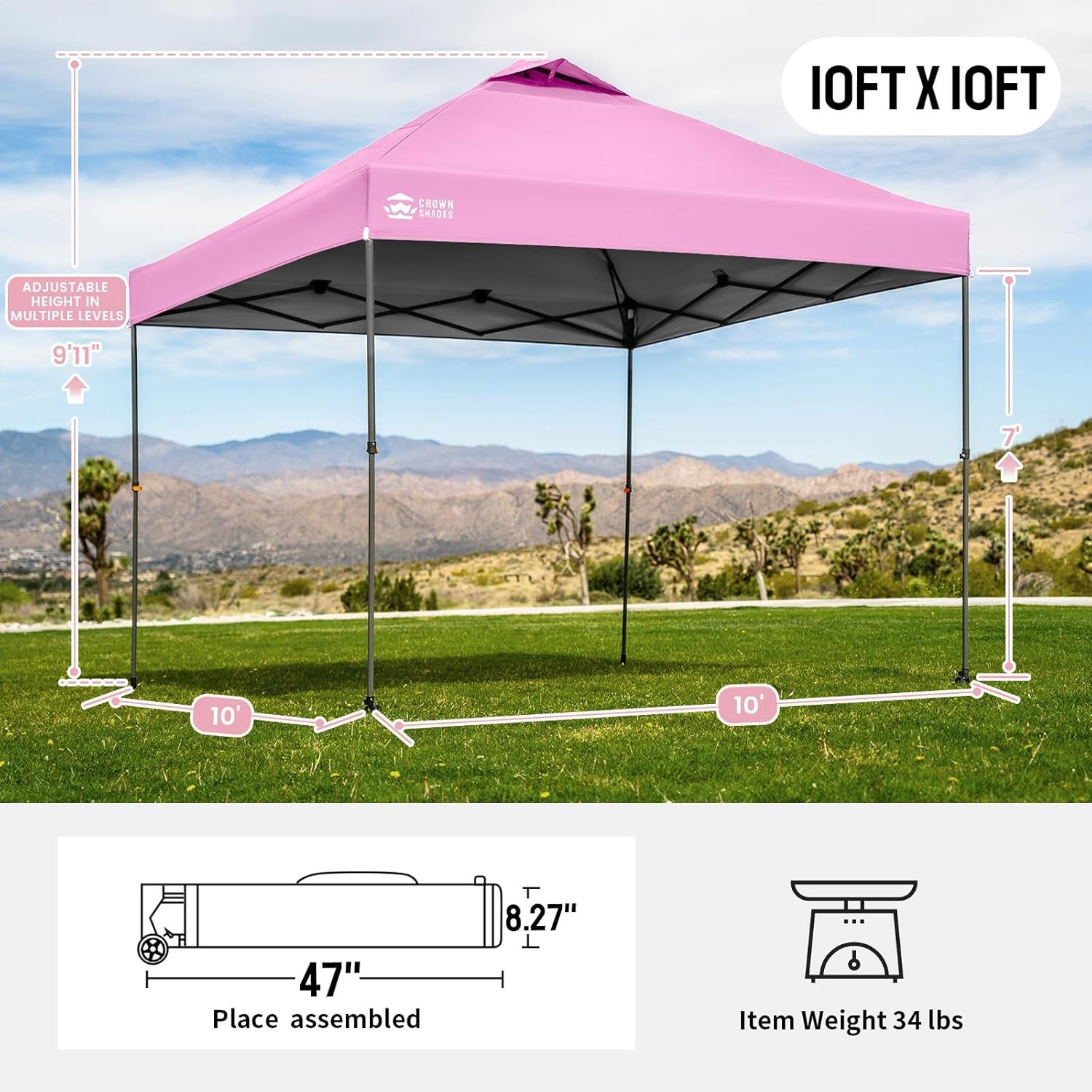 Detalle de CROWN SHADES 10x10 Pop-Up Canopy Tent, Pink, One-Push Setup, UPF 50+