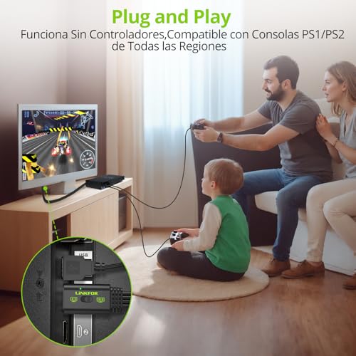 Detalle de LiNKFOR Convertidor PS2 a HDMI 1080P 60hz: convierte PS1/PS2 analógicos a HDMI con 4:3/16:9