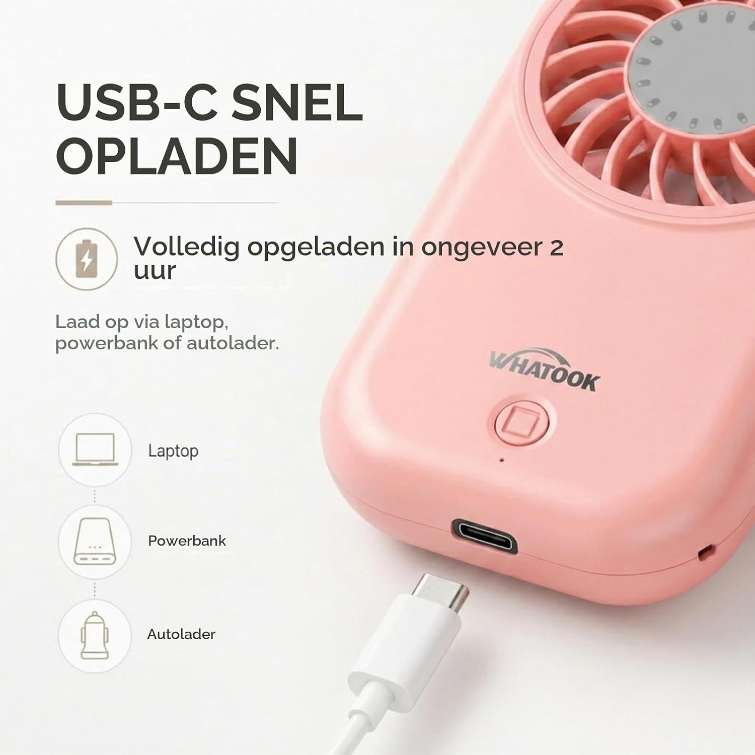 Detalle de WHATOOK X30 mini-handventilator, 5 snelheden, USB-C, 56 g, roze