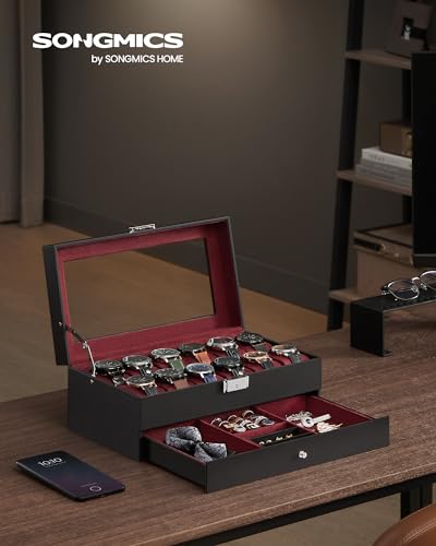 Detalle de SONGMICS Caja de Reloj con Tapa de Cristal, 2 Niveles para 12 Relojes