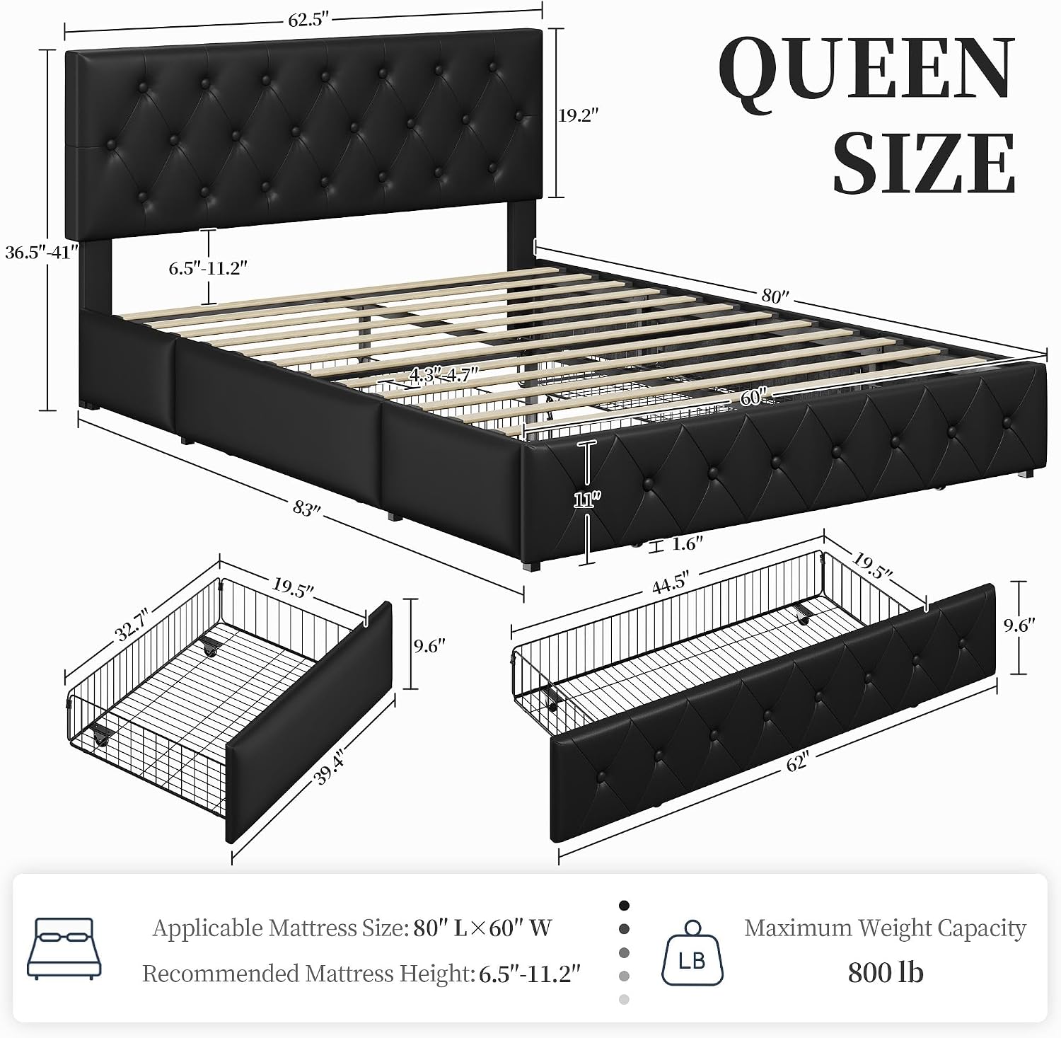 Detalle de Yaheetech Queen Bed Frame with 3 Drawers and Adjustable Headboard, Black