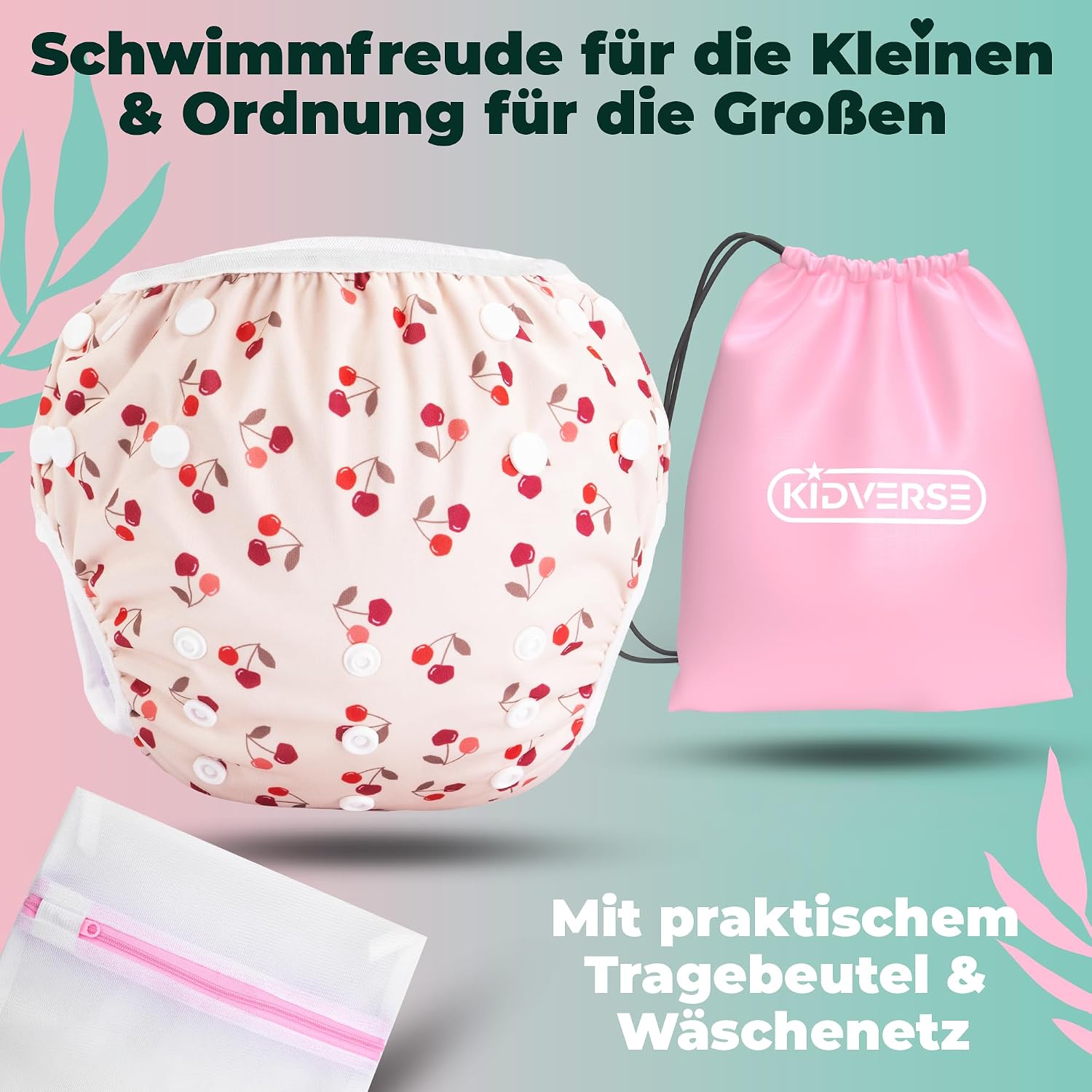 Detalle 2 de KIDVERSE Schwimmwindel Baby Badehose 0–3 Jahre – wiederverwendbar, größenverstellbar mit 33 Druckknöpfen (Cherries)