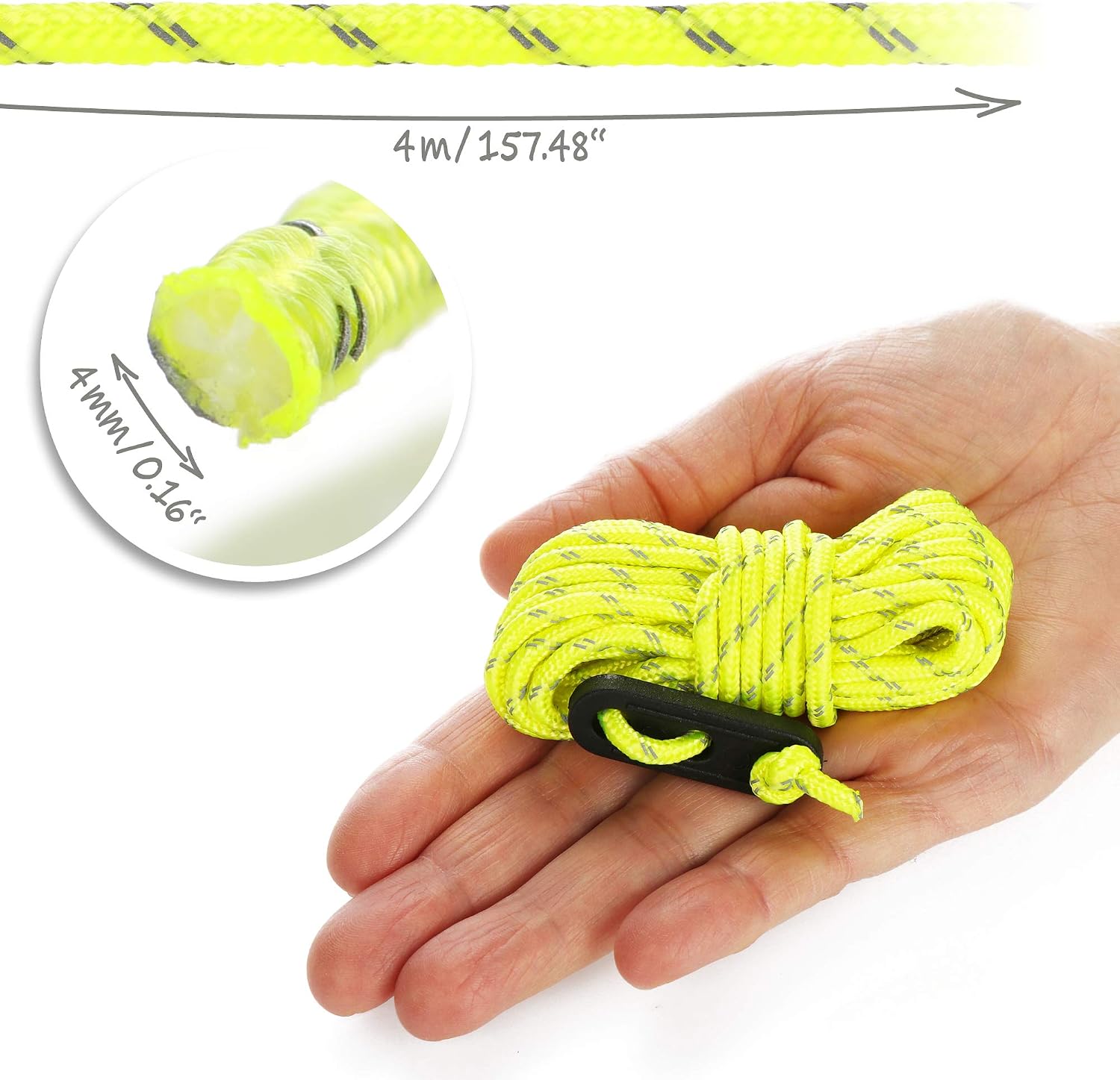 Detalle de COM-FOUR® 8x Corde per tiranti 4 m gialle riflettenti con fibbia – cavo per tenda, corda campeggio