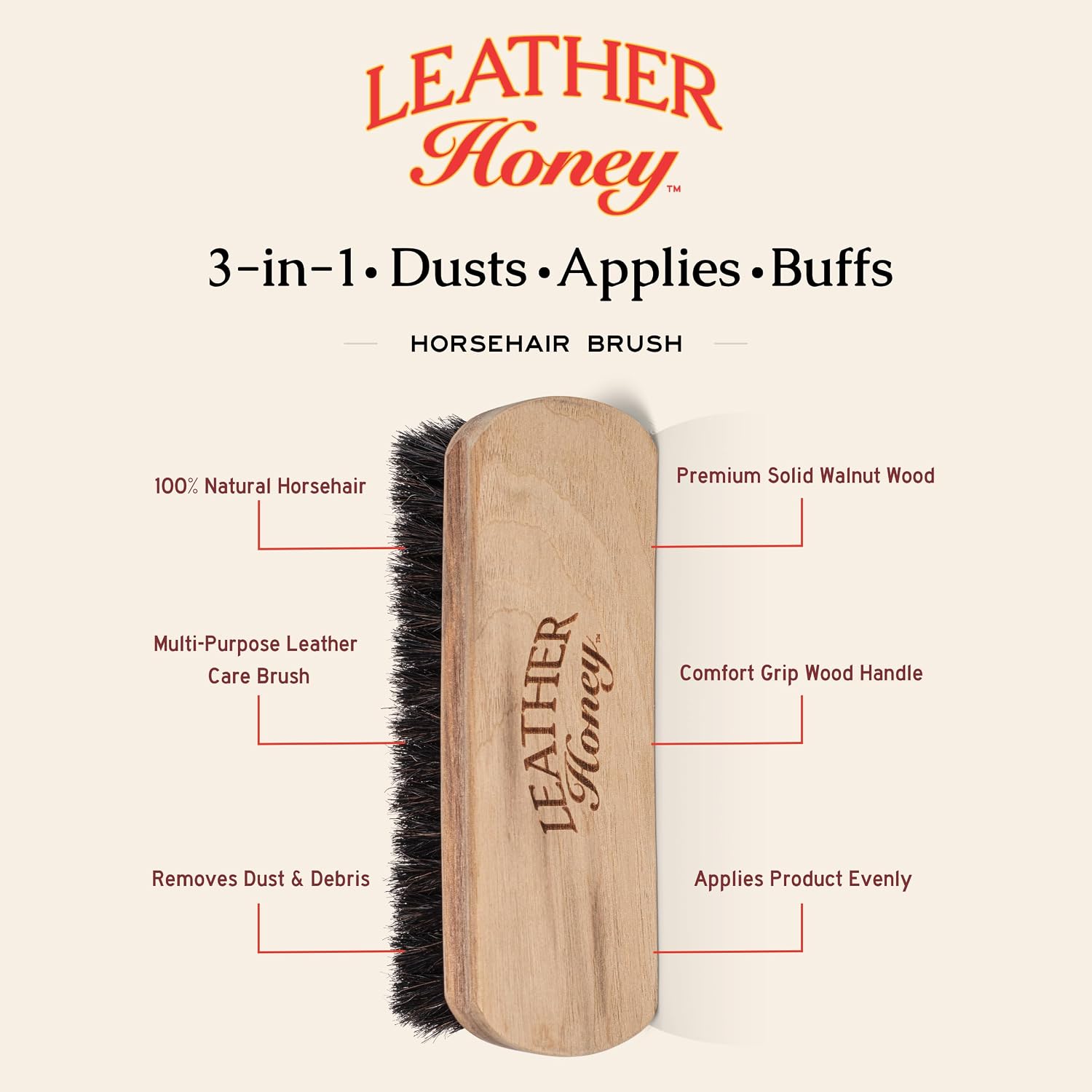 Detalle de Leather Honey LHBRUSH Horsehair Brush for Leather, Vinyl & Shoe Care