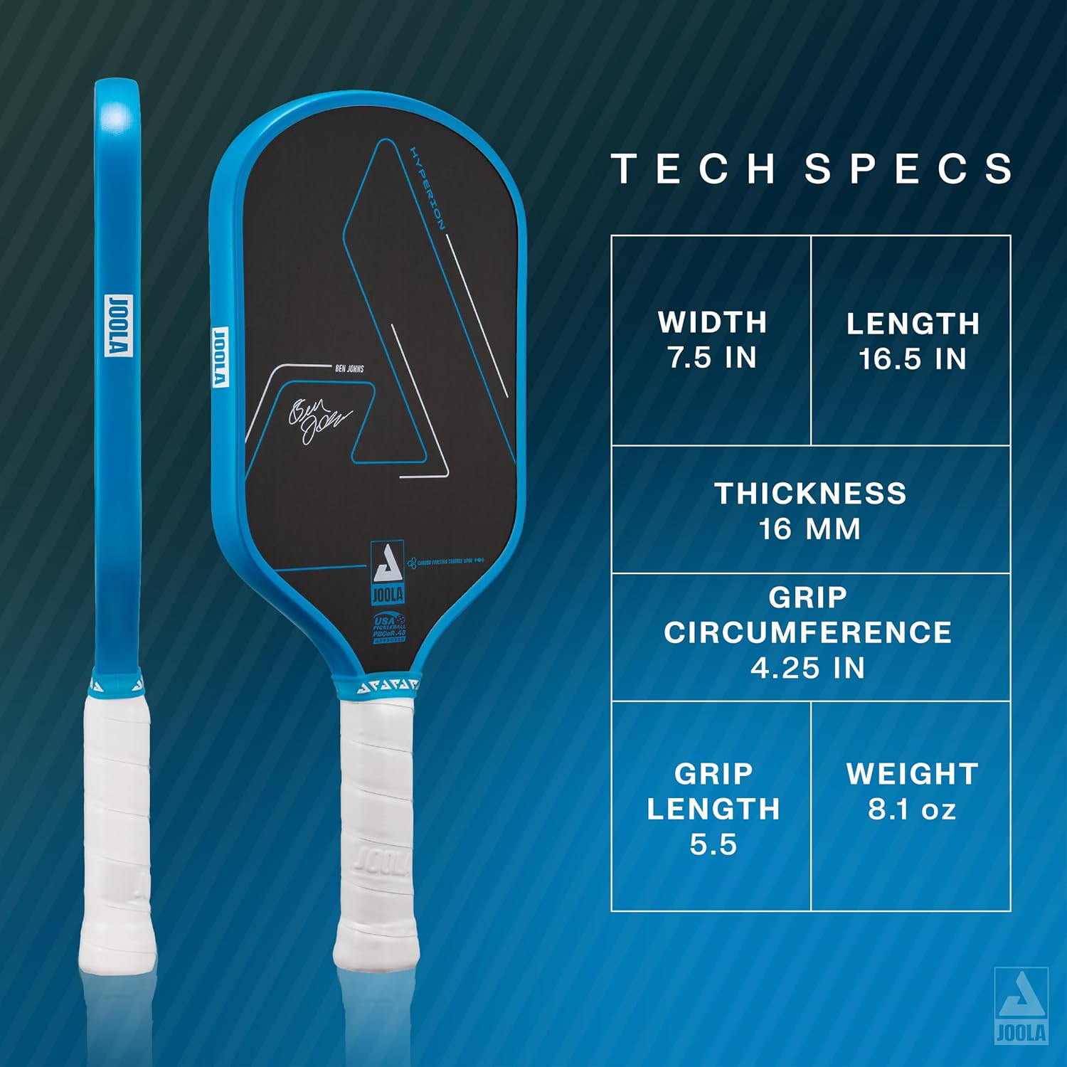 Detalle de JOOLA Ben Johns Hyperion CFS Pickleball Paddle — Carbon Surface, High Spin, Elongated Handle