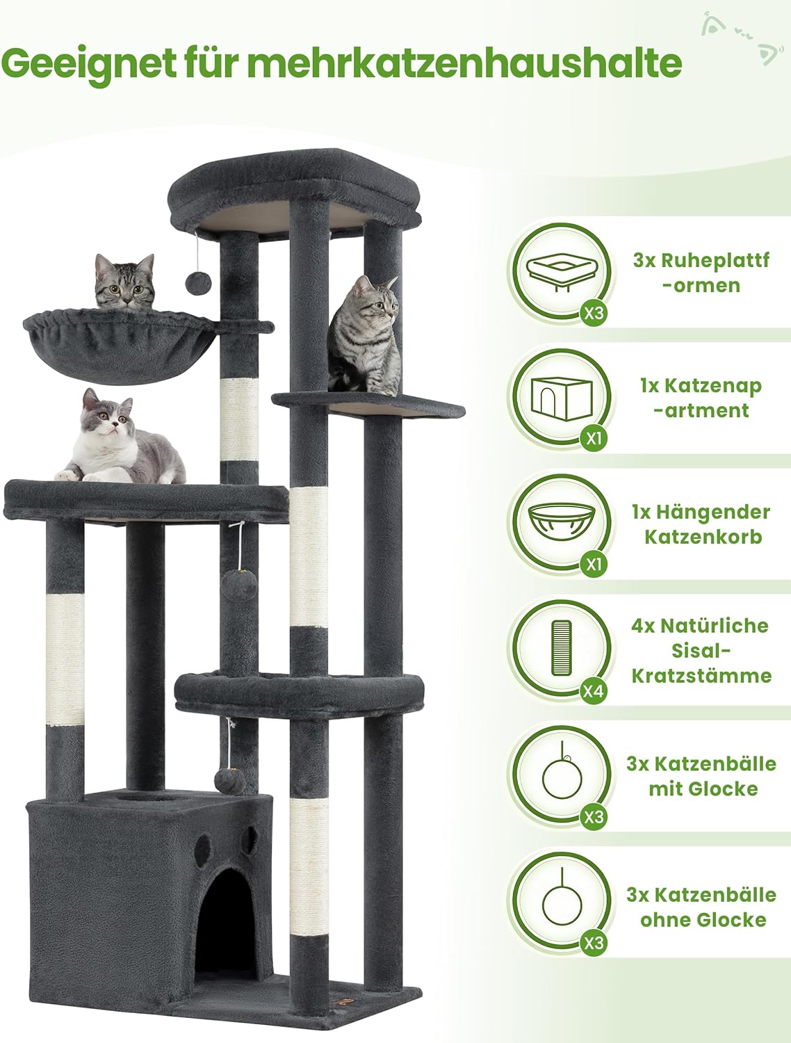 Thumbnail 6 de Kratzbaum Groß 170 cm hoch – XL-Katzenkratzbaum mit 4 Säulen und viel Platz für Mehrkatzen