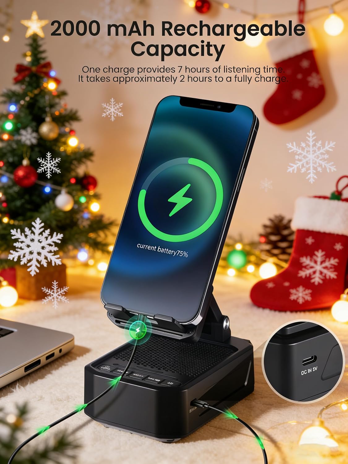 Detalle 2 de INSSISAIN Bluetooth-Lautsprecher mit klappbarer Handyhalterung – BT5.3, Induktionsmodus, 2000 mAh