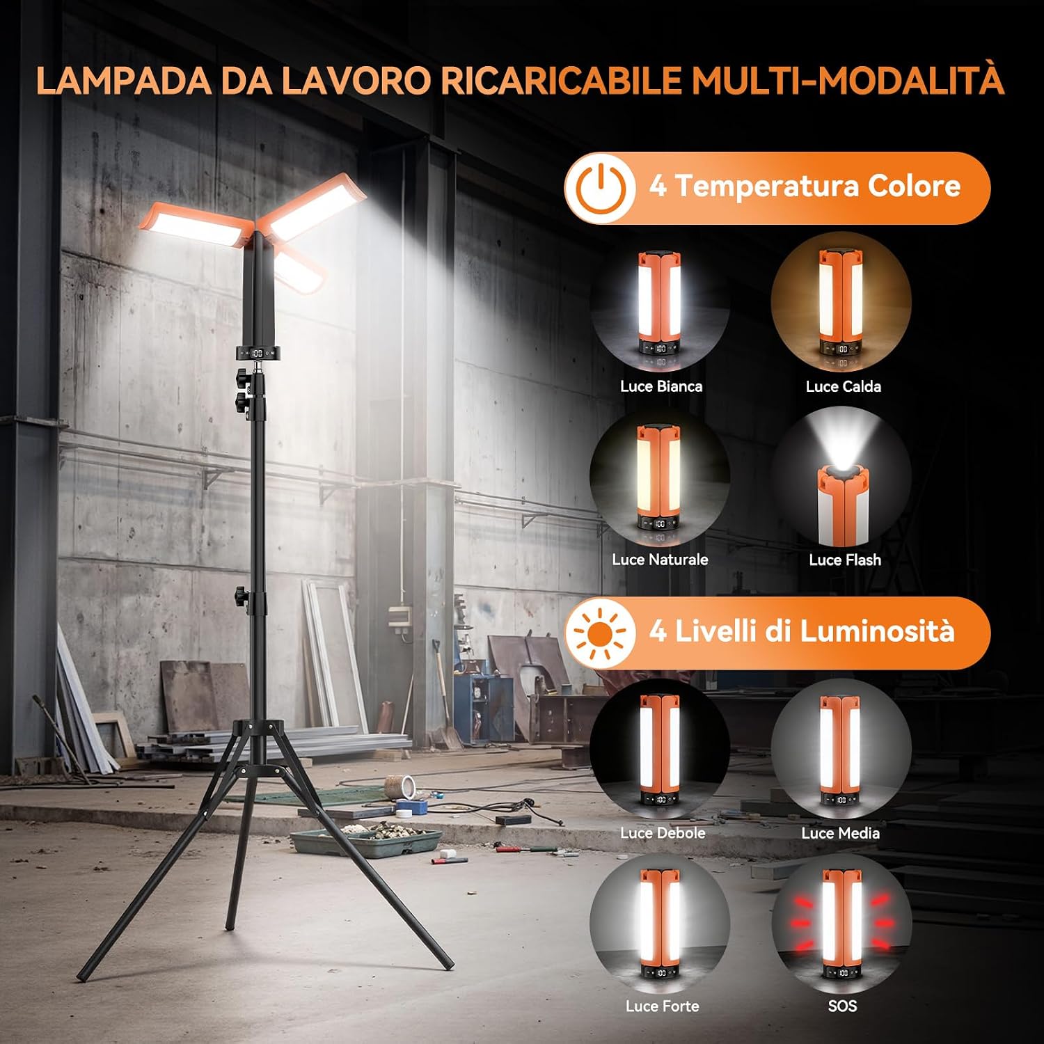 Detalle de Lampada da campeggio ricaricabile con treppiede e 12000 mAh – 6000 lm, 3 colori di luce, IP65