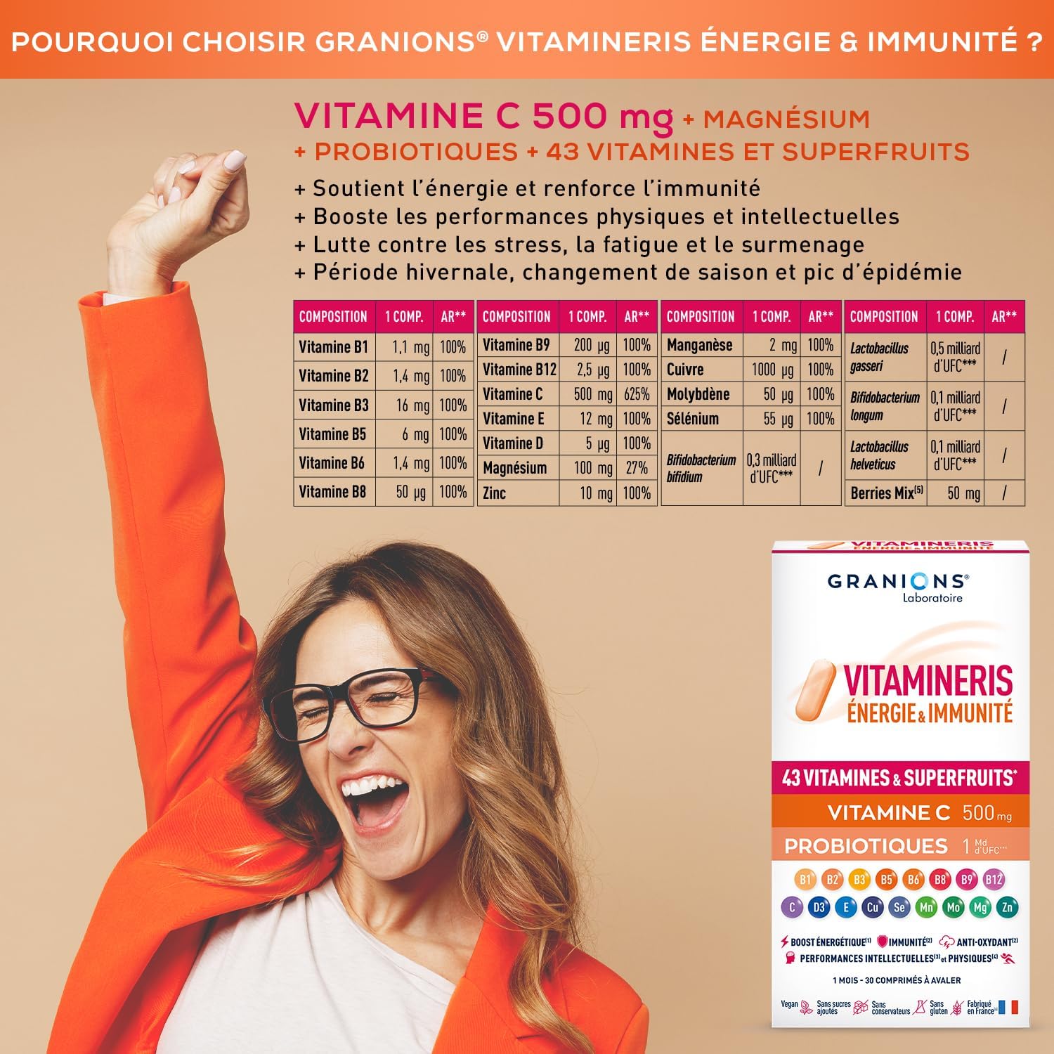 Thumbnail 3 de GRANIONS – Vitamineris Energie & Immunité: Vitamine C 500 mg + Vitamine D + Zinc + B12 – Adultes – 30 comprimés