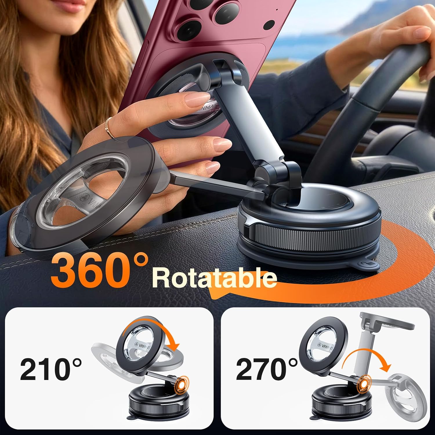 Detalle 2 de VANMASS MagSafe car phone mount with 360° rotation