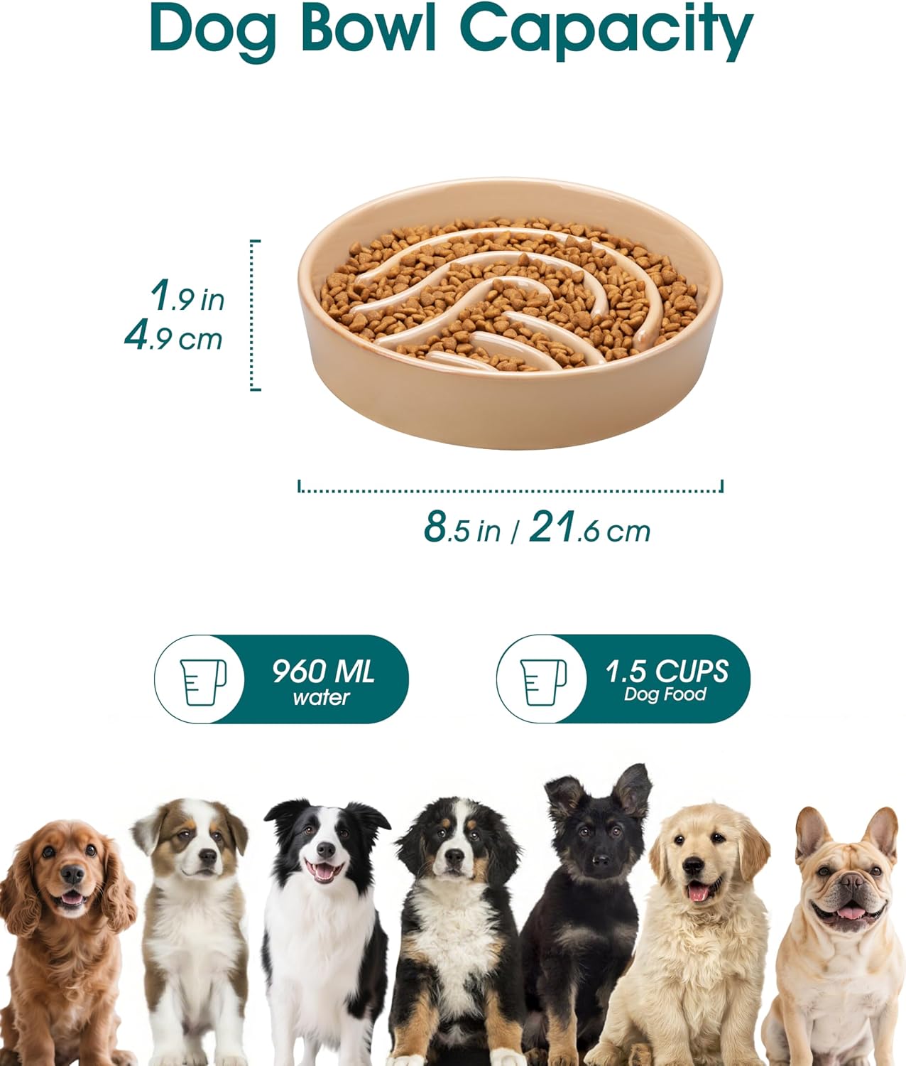 Detalle de vancasso Slow Feeder Dog Bowl (1.5 Cup) – ceramic maze puzzle bowl for small & medium pets, brown