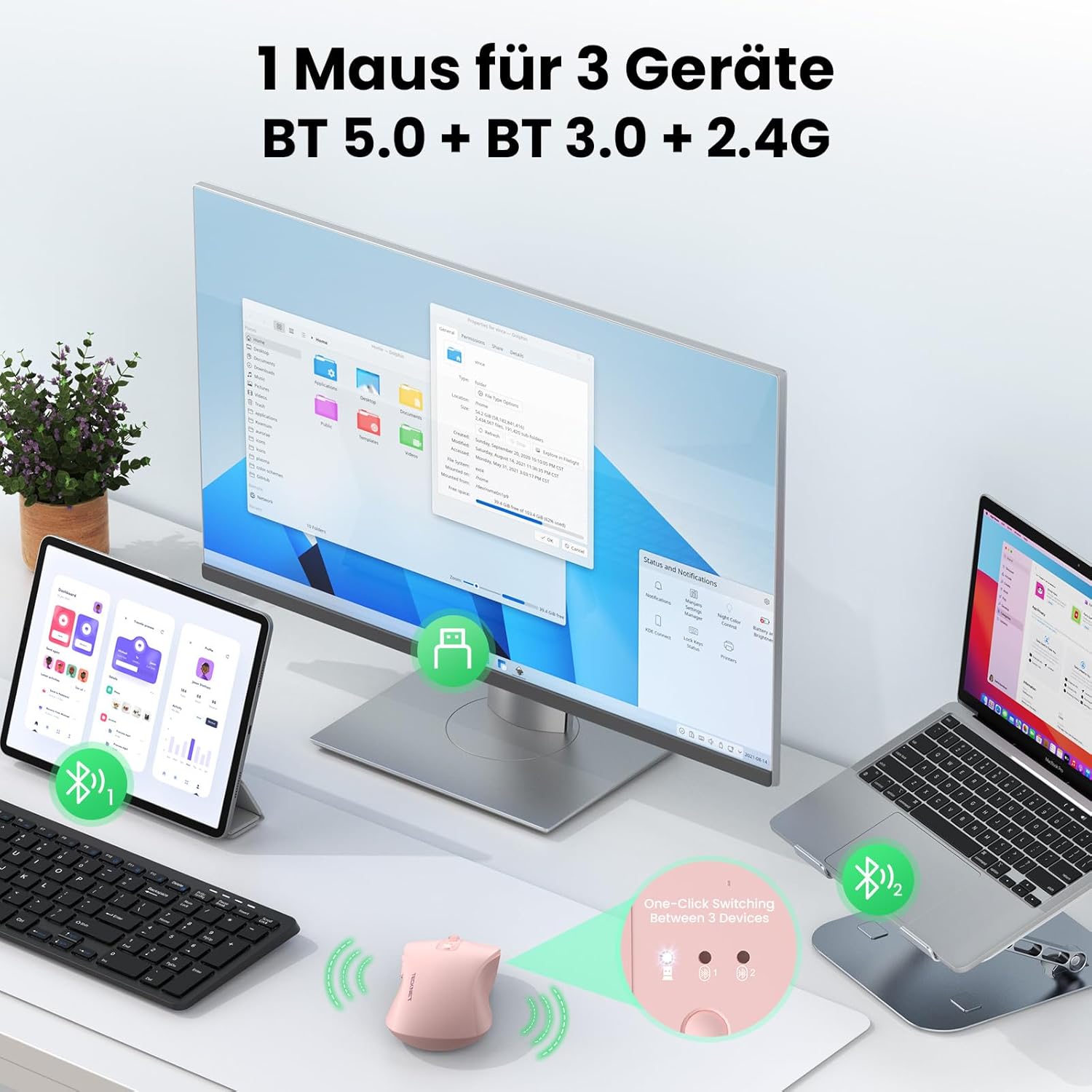 Thumbnail 1 de TECKNET Bluetooth Maus – Wiederaufladbar, 4800 DPI, leise und flexibel (BT 5.0/3.0 + 2.4 GHz) – Rosa