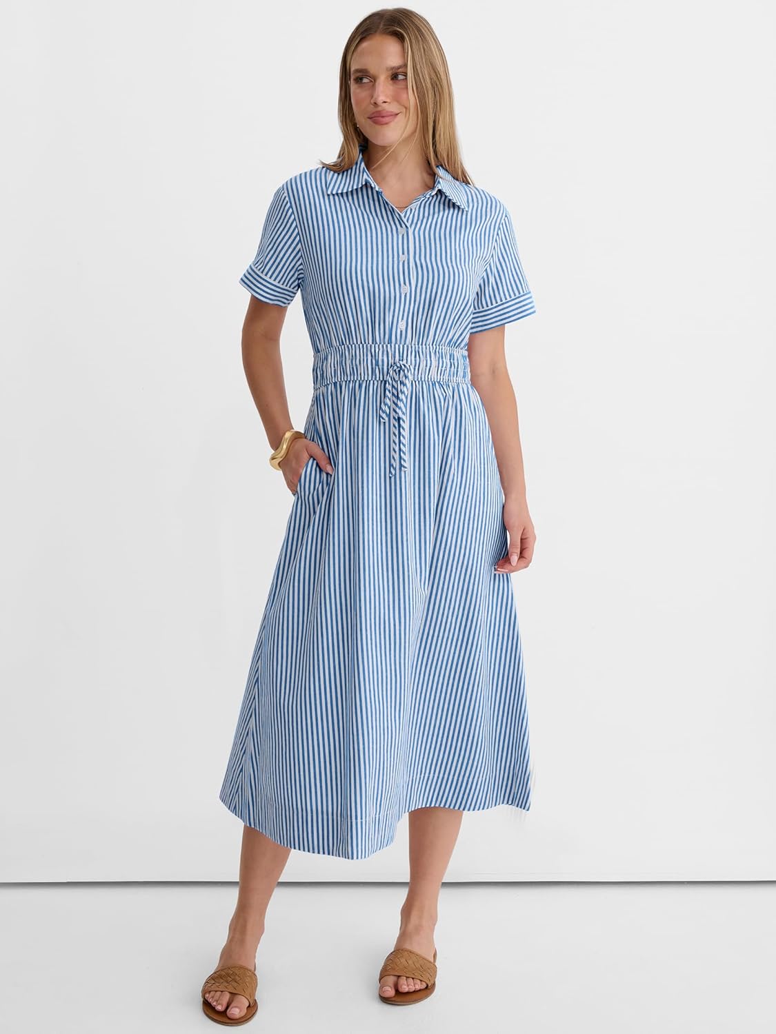 Detalle de ANRABESS Womens Summer Midi Dress with Striped Gingham and Button Collar