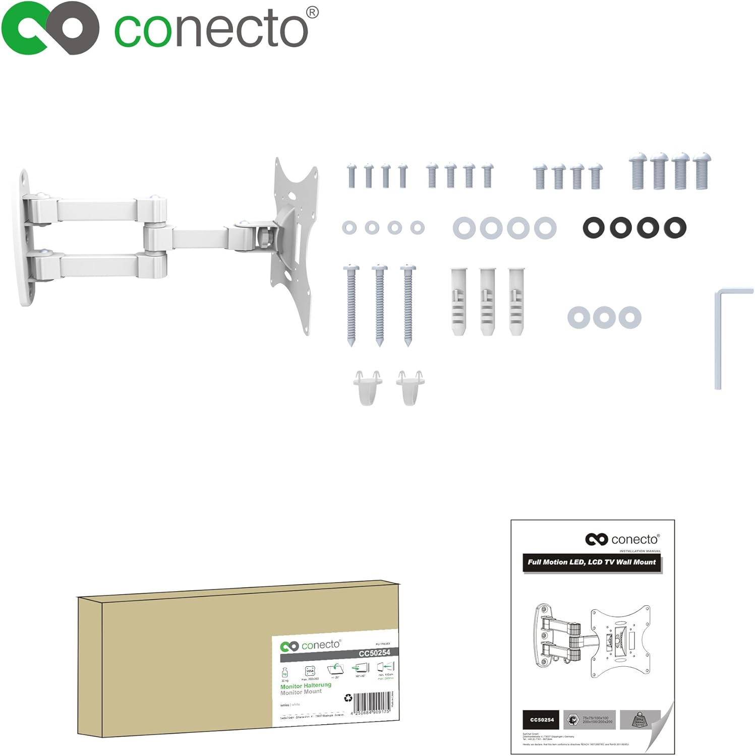 Thumbnail 4 de Connec support mural pour TV/moniteur 58-107 cm (23-42&quot,) VESA 200x200, inclinable et pivotant, blanc