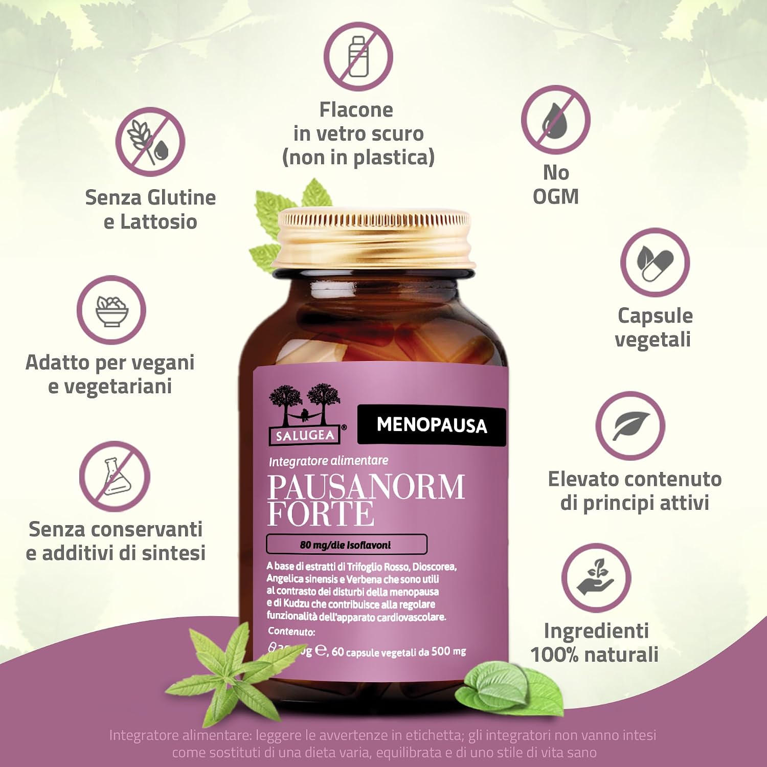 Detalle 2 de Pausanorm Forte Salugea: Integratore per la menopausa 100% naturale, senza soia, 60 capsule
