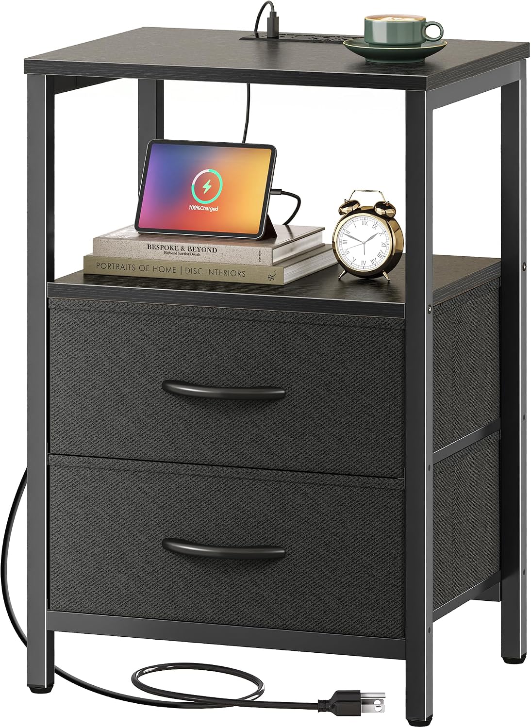 Huuger Nightstand with Charging Station, 4 Fabric Drawers and Open Shelf