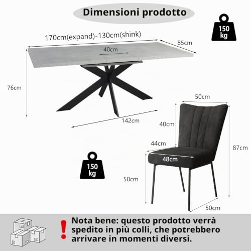 Detalle 2 de JIEXI Set tavolo da pranzo allungabile con 6 sedie: 130-170 cm, piano MDF grigio e base a X, sedie imbottite in flanella nera