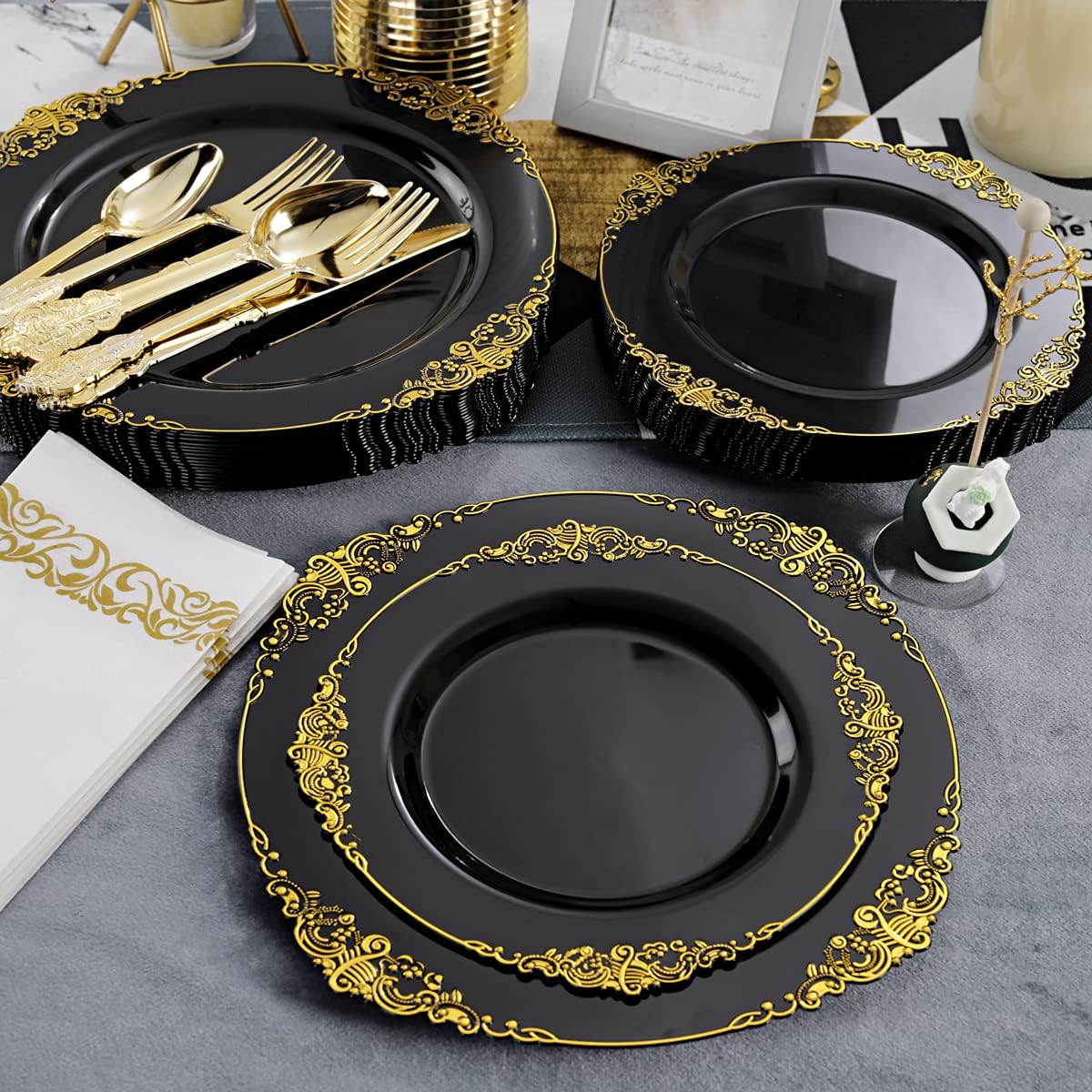 Detalle 2 de Hioasis 350pcs Black & Gold Party Plates Set for 50 Guests