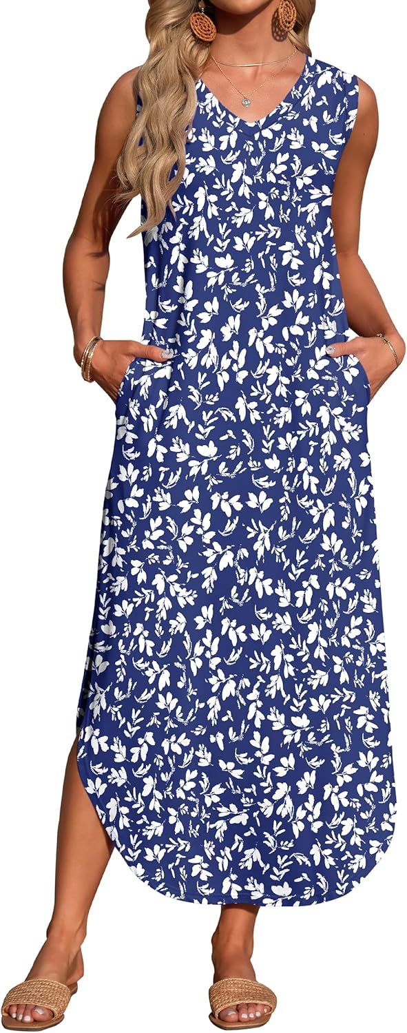 Thumbnail 1 de WNEEDU Damen Maxikleid mit V-Ausschnitt, A-Linie und Taschen (Sommer-Strandkleid)