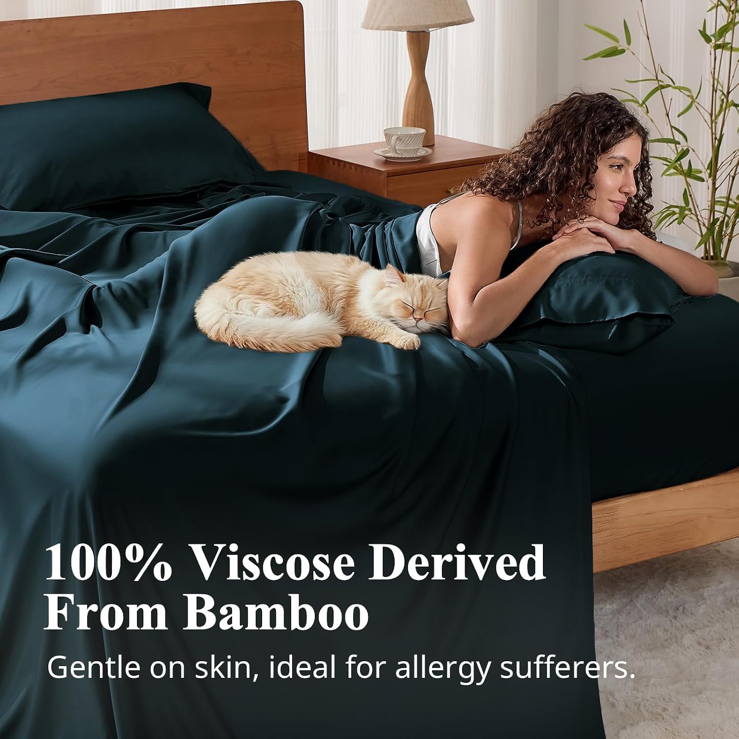 Detalle 2 de KRIMANO King Size Sheet Set (4-Piece) – 100% Viscose Derived from Bamboo, Deep Pocket Up to 17", Navy Blue