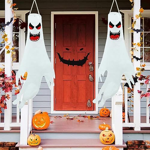 Detalle de Qedertek Halloween Deko Outdoor – 2 Stück 120 cm Geister Windsäcke mit Lichterkette