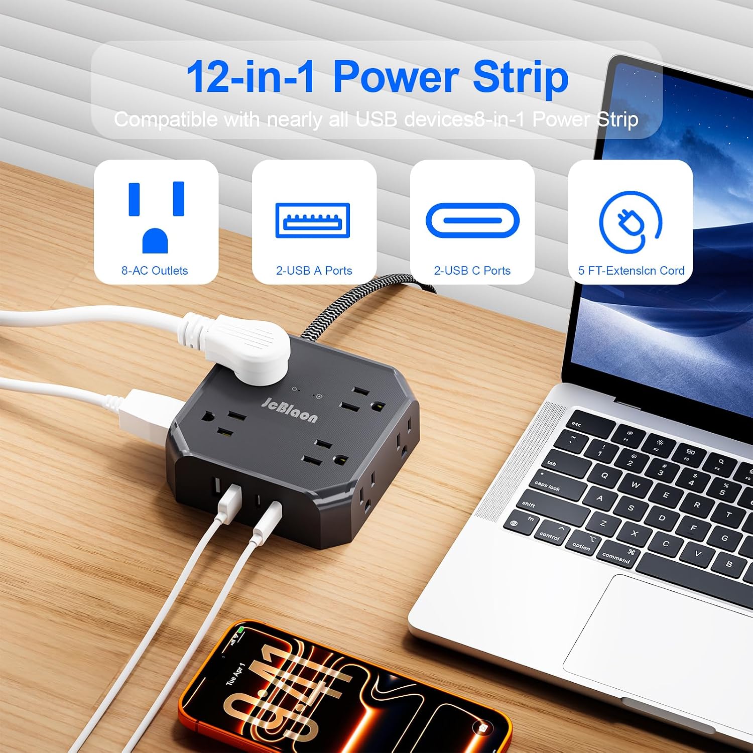 Detalle 2 de JcBlaon QC860-CU Power Strip with 8 AC Outlets, 4 USB Ports and 1050J Protection