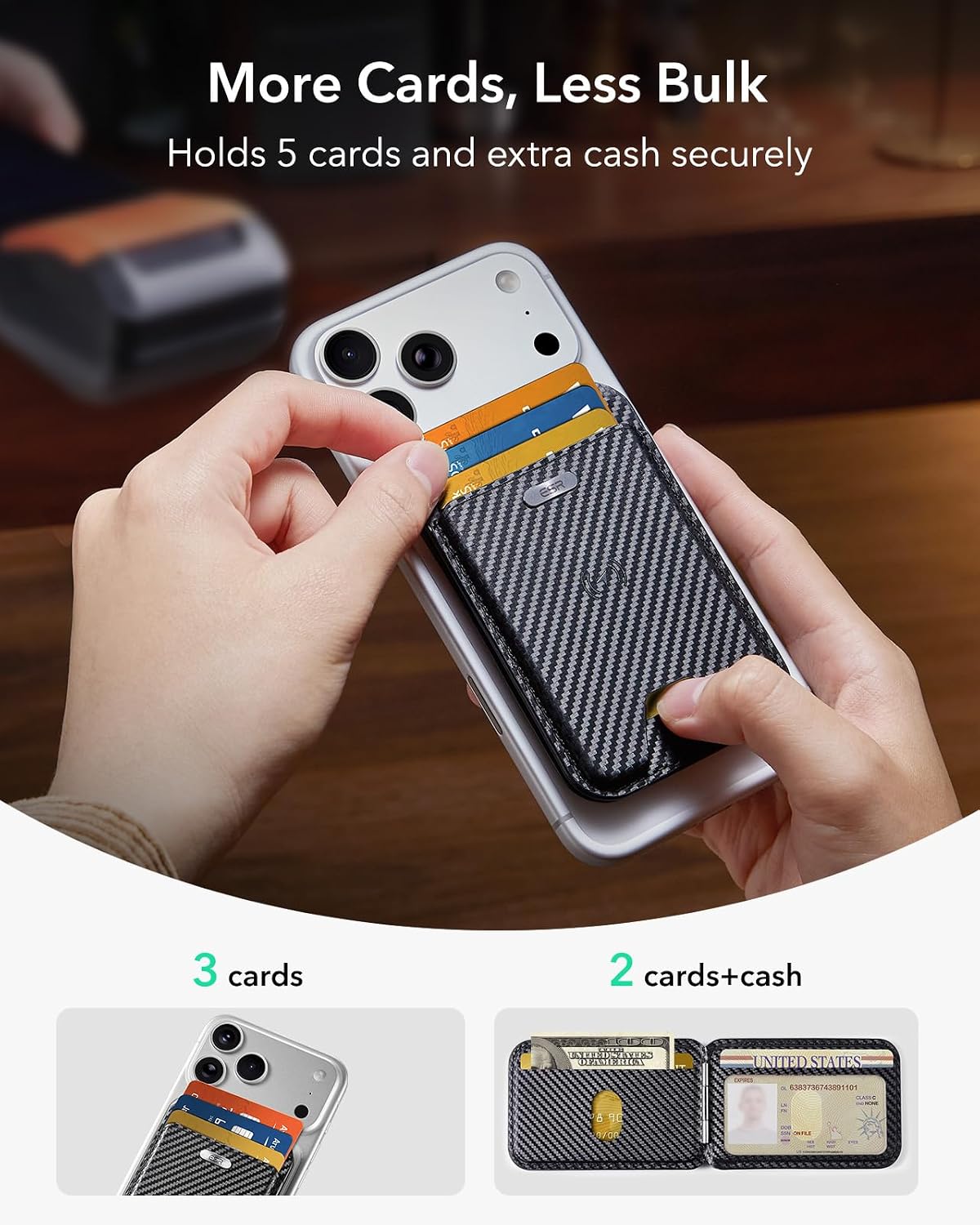 Detalle de ESR Geo for MagSafe Wallet with Find My – 5 Card, RFID Blocking, Black Carbon Fiber (iPhone 12–17 Series, Not for 13/12 mini)