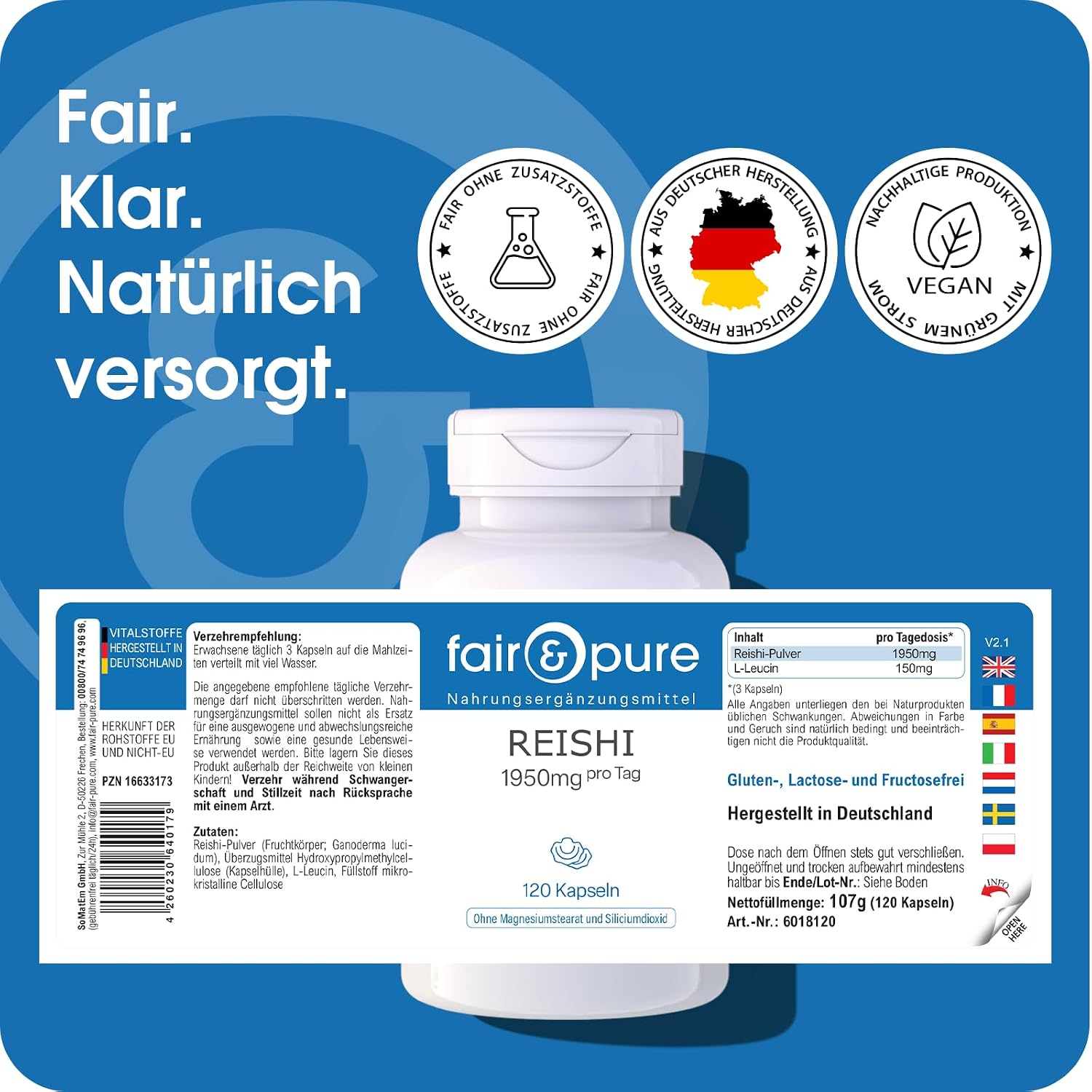Thumbnail 3 de Fair & Pure Reishi 1950mg pro Tagesdosis – veganes Ganoderma-Lucidum, 120 Kapseln, in Deutschland hergestellt