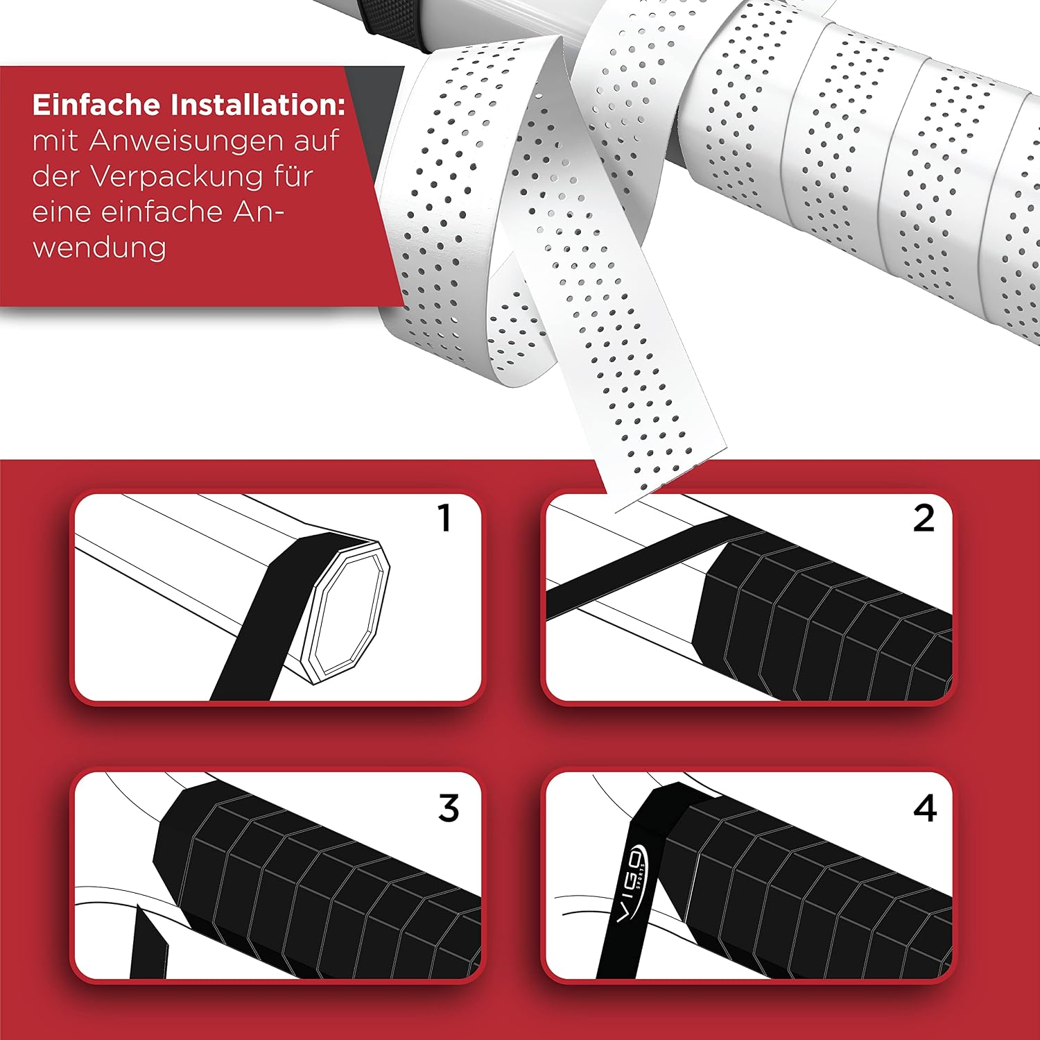Detalle 2 de VIGO Sports selbstklebendes Tennis Griffband mit Anti-Schweiß Technologie – rutschfestes Griffband für Tennis- und Badminton-Schläger (3er-Set)