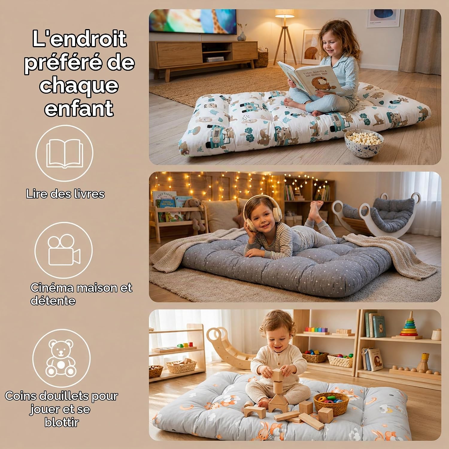 Detalle 1 de Totsy Baby Montessori-boogkussen 60 x 120 cm, omkeerbaar vloermatras met giraffen