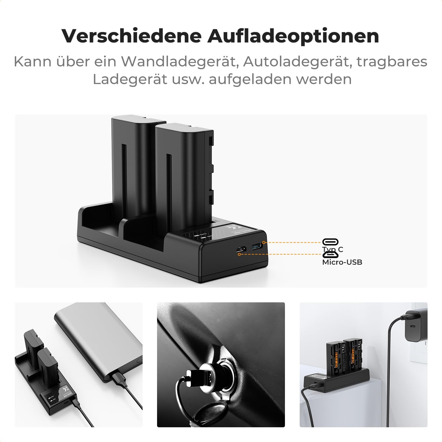 Detalle de K&F CONCEPT NP-F550 2er-Pack (2600mAh) + Dual-LED-Ladegerät-Kit für Sony NP-F550/F570