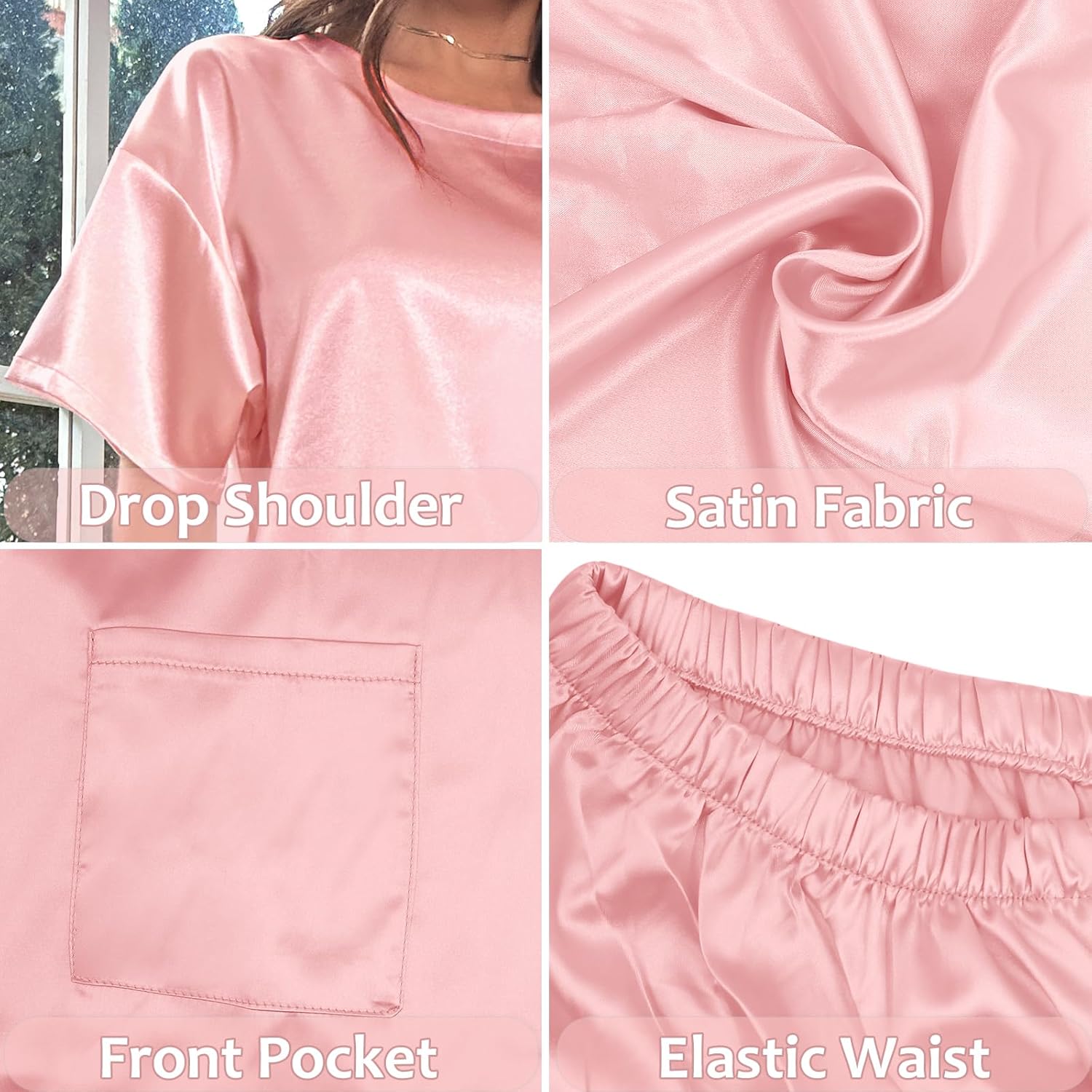 Thumbnail 5 de HANERDUN Damen-Satin-Pyjama-Set (Kurzarm, Hose) – zweiteiliges Schlafanzug-Set, S-XXL