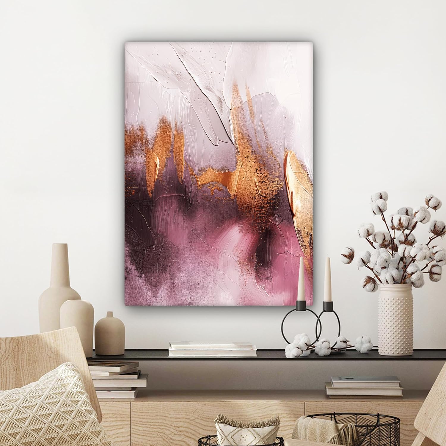 Detalle 1 de MuchoWow© canvasdoek 50 x 70 cm met abstracte aquarel in goud en roze